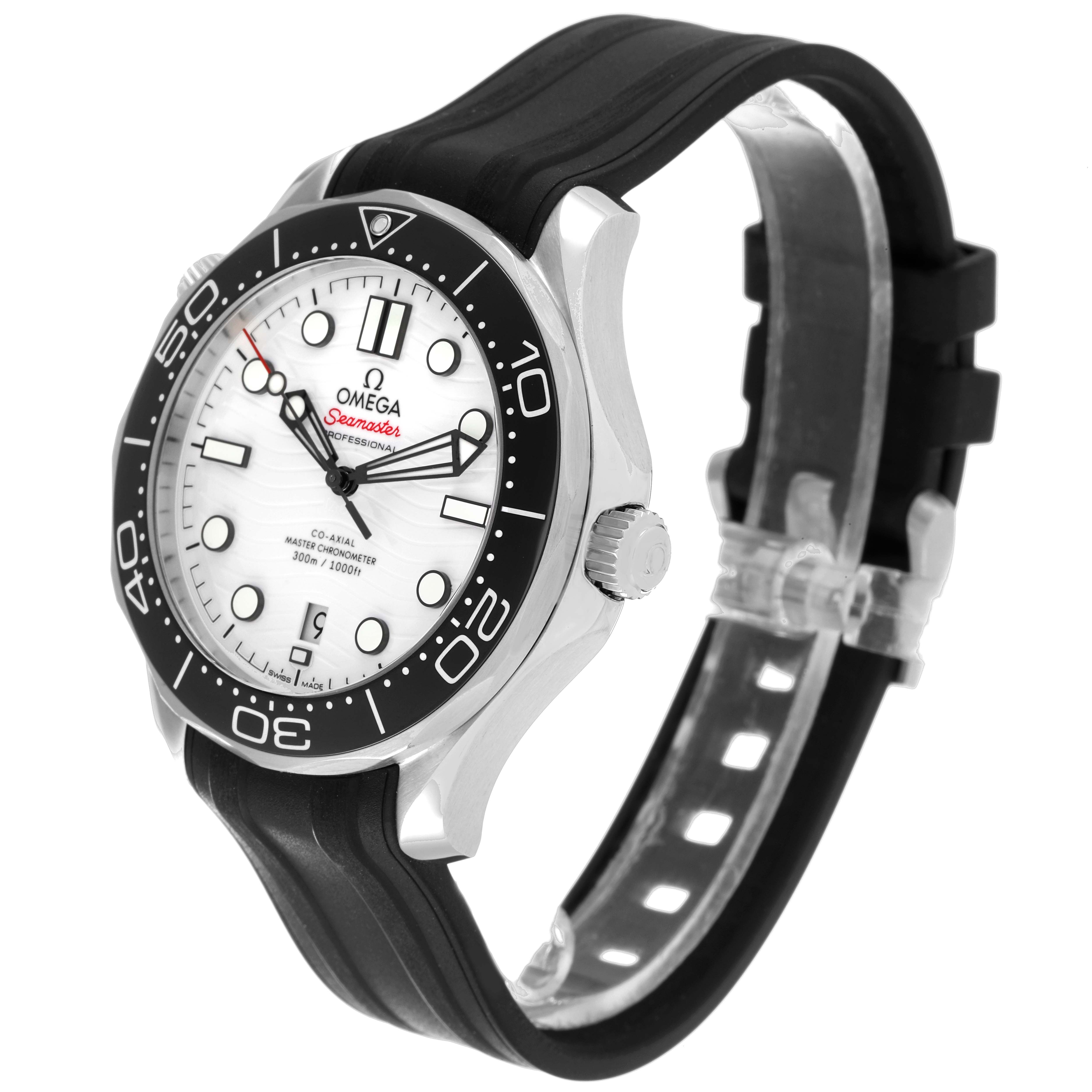 The image shows an Omega Seamaster 210.32.42.20.04.001 Men's Stainless Steel White Dial 210.32.42.20.04.001 Men's Stainless Steel White Dial watch at a three-quarter angle, highlighting the face, bezel, crown, and band.