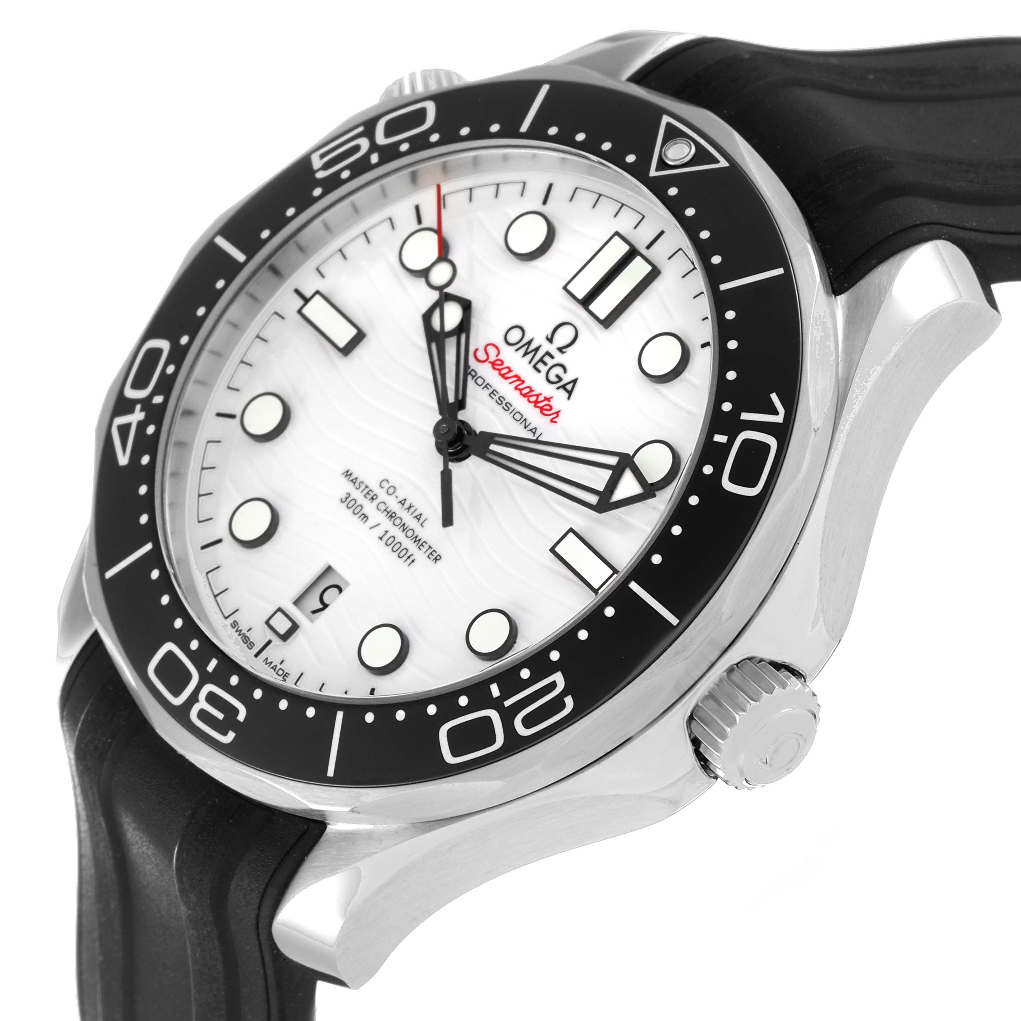 The image shows an Omega Seamaster 210.32.42.20.04.001 Men's Stainless Steel White Dial 210.32.42.20.04.001 Men's Stainless Steel White Dial watch at an angle highlighting the dial, bezel, crown, and rubber strap.