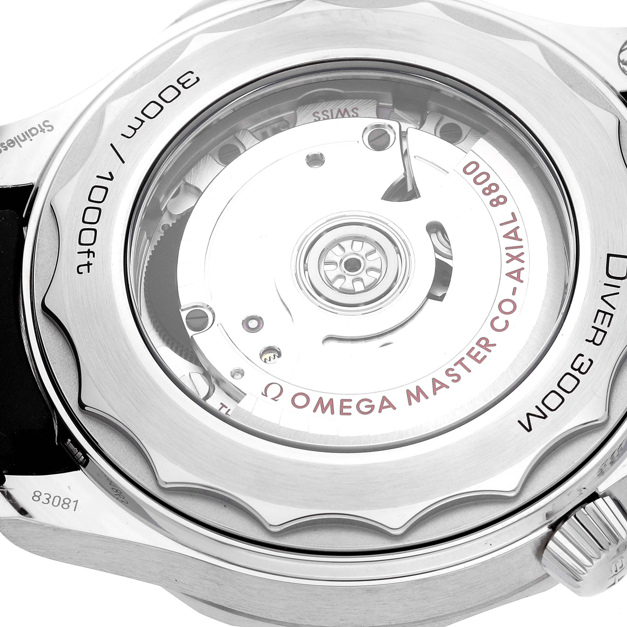 The image shows the back view of the Omega Seamaster 210.32.42.20.04.001 Men's Stainless Steel White Dial 210.32.42.20.04.001 Men's Stainless Steel White Dial watch, highlighting its Co-Axial 8800 movement and the transparent case back.