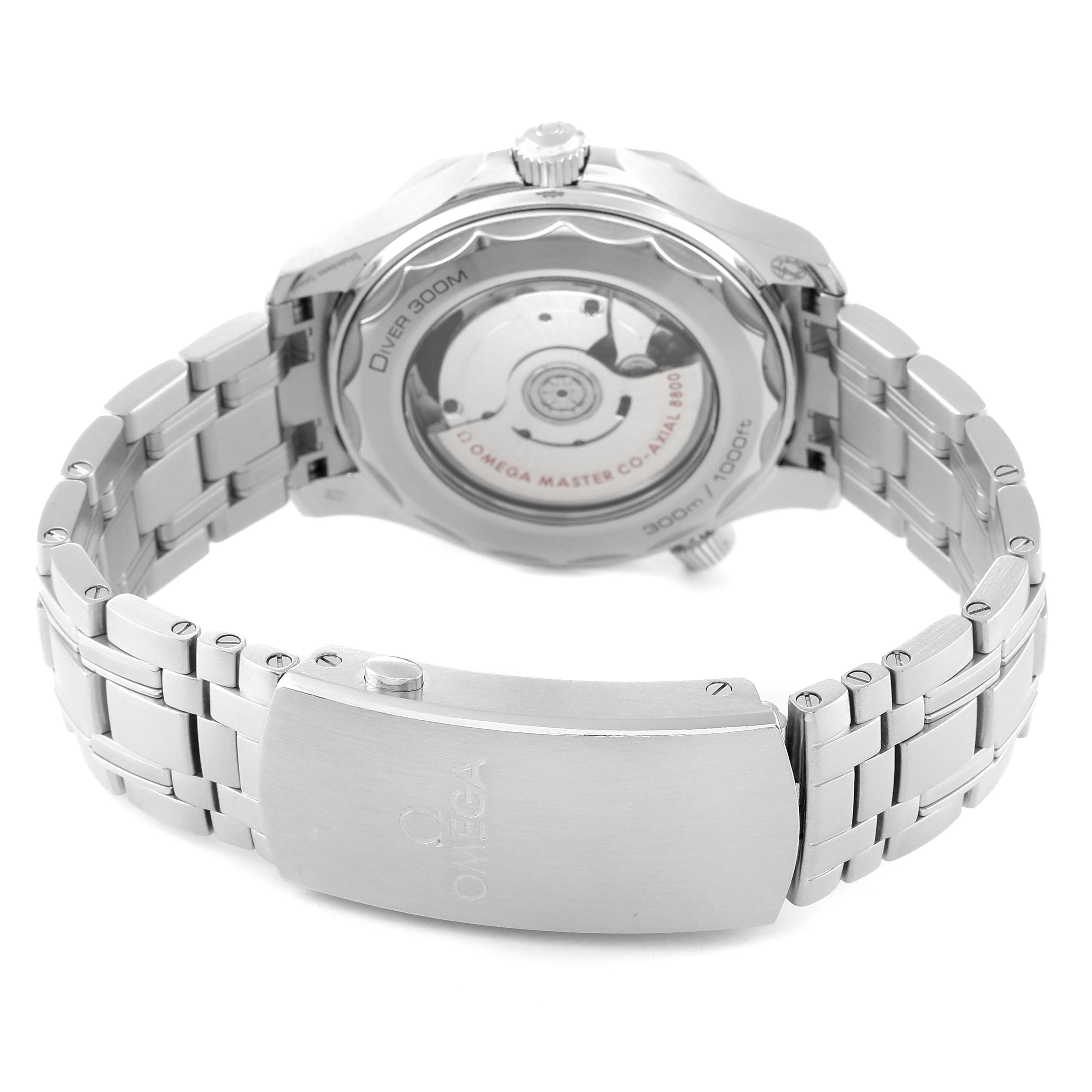 The image shows the back view of an Omega Seamaster 210.30.42.20.03.001 Men's Stainless Steel Blue Dial 210.30.42.20.03.001 Men's Stainless Steel Blue Dial watch, highlighting its clasp, bracelet, and transparent case back.