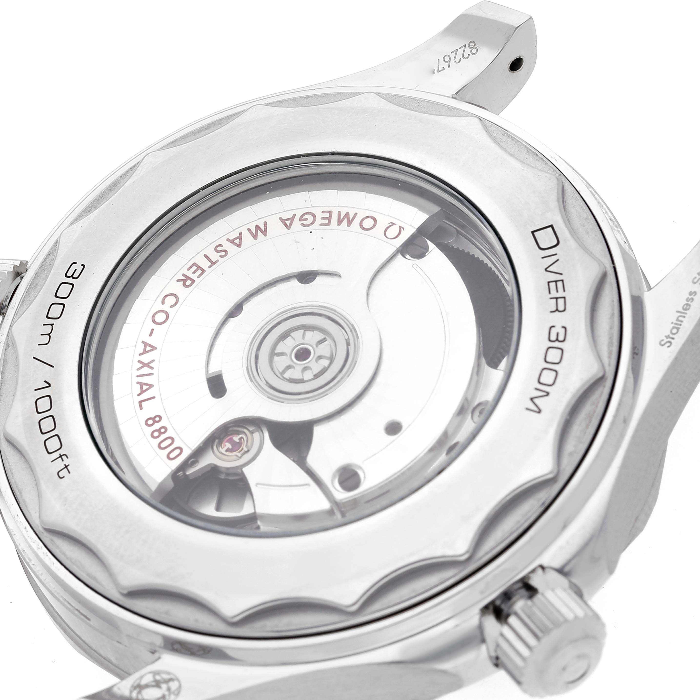 The image shows the back view of the Omega Seamaster 210.30.42.20.03.001 Men's Stainless Steel Blue Dial 210.30.42.20.03.001 Men's Stainless Steel Blue Dial Co-Axial Master Chronometer with its inner mechanical parts visible.