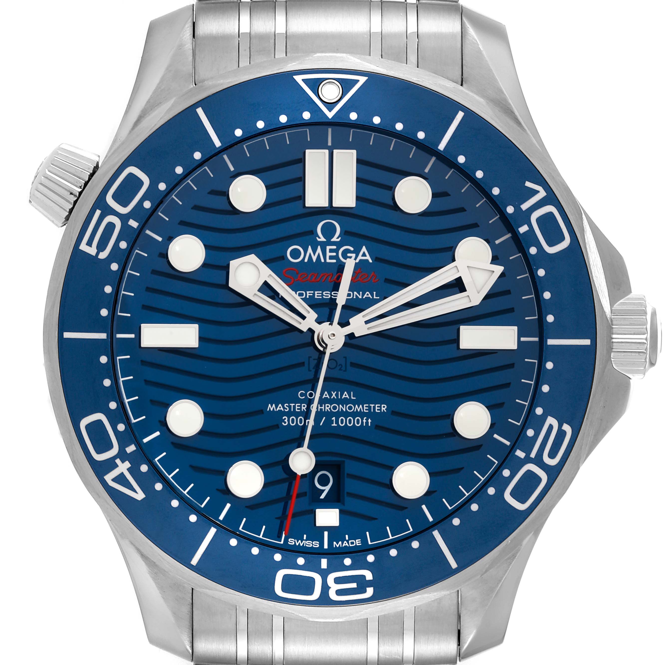 This image shows a frontal view of the Omega Seamaster 210.30.42.20.03.001 Men's Stainless Steel Blue Dial 210.30.42.20.03.001 Men's Stainless Steel Blue Dial watch, highlighting its blue dial, bezel, and stainless steel case.