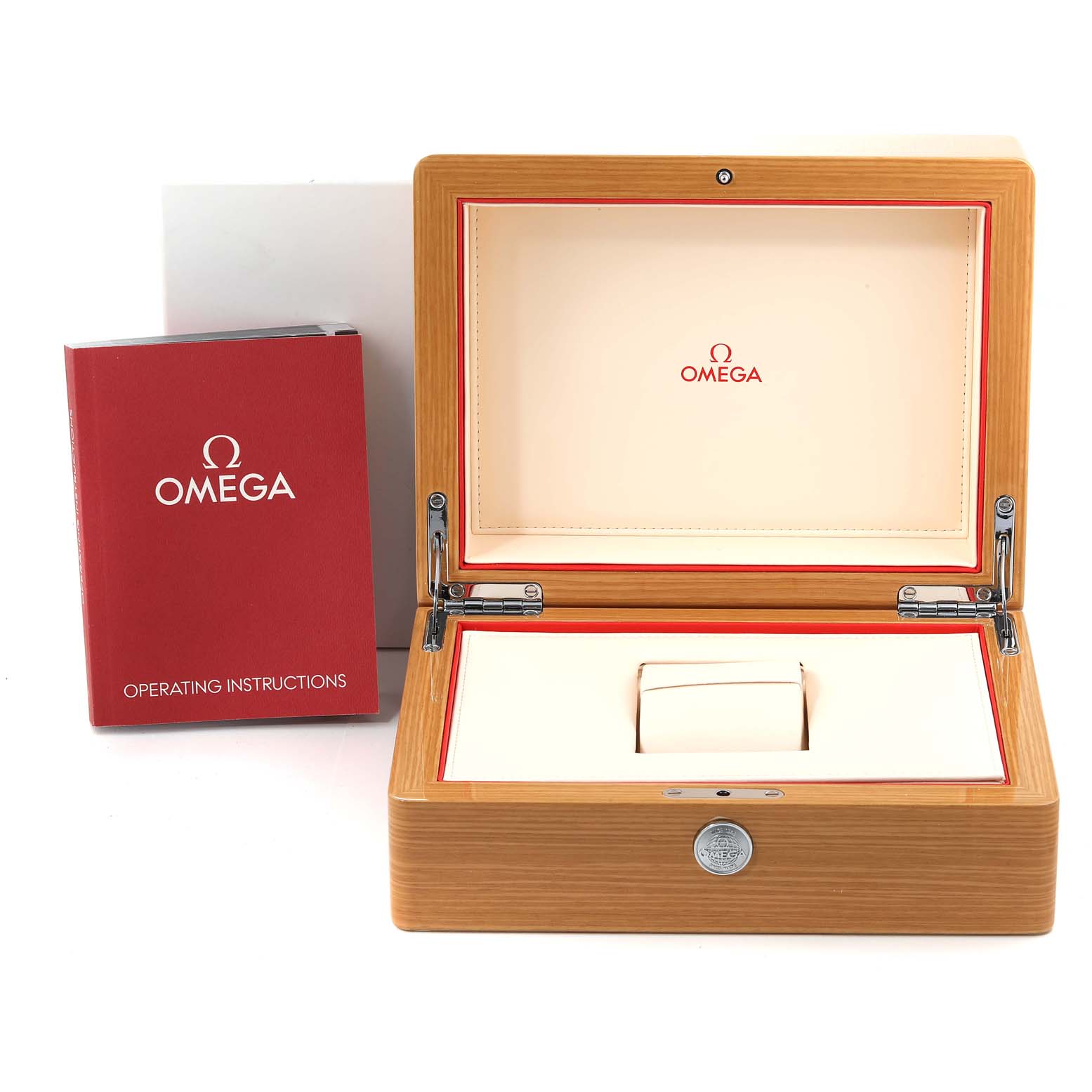 The image shows the packaging and accessories of an Omega Seamaster 210.30.42.20.03.001 Men's Stainless Steel Blue Dial 210.30.42.20.03.001 Men's Stainless Steel Blue Dial watch, including a wooden box and an operating instruction manual.