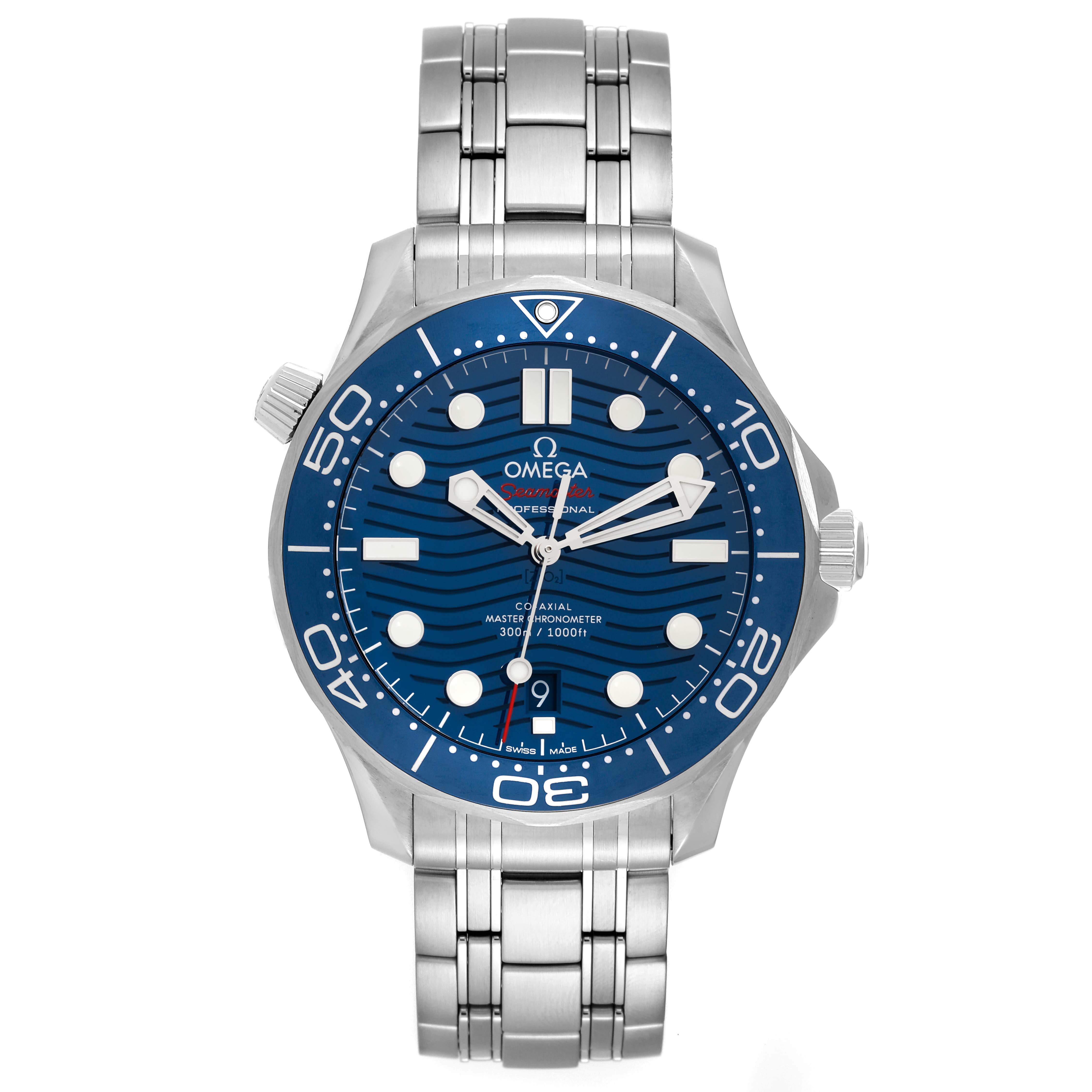 The image shows a front view of the Omega Seamaster 210.30.42.20.03.001 Men's Stainless Steel Blue Dial 210.30.42.20.03.001 Men's Stainless Steel Blue Dial watch, highlighting the face, bezel, crown, and bracelet.