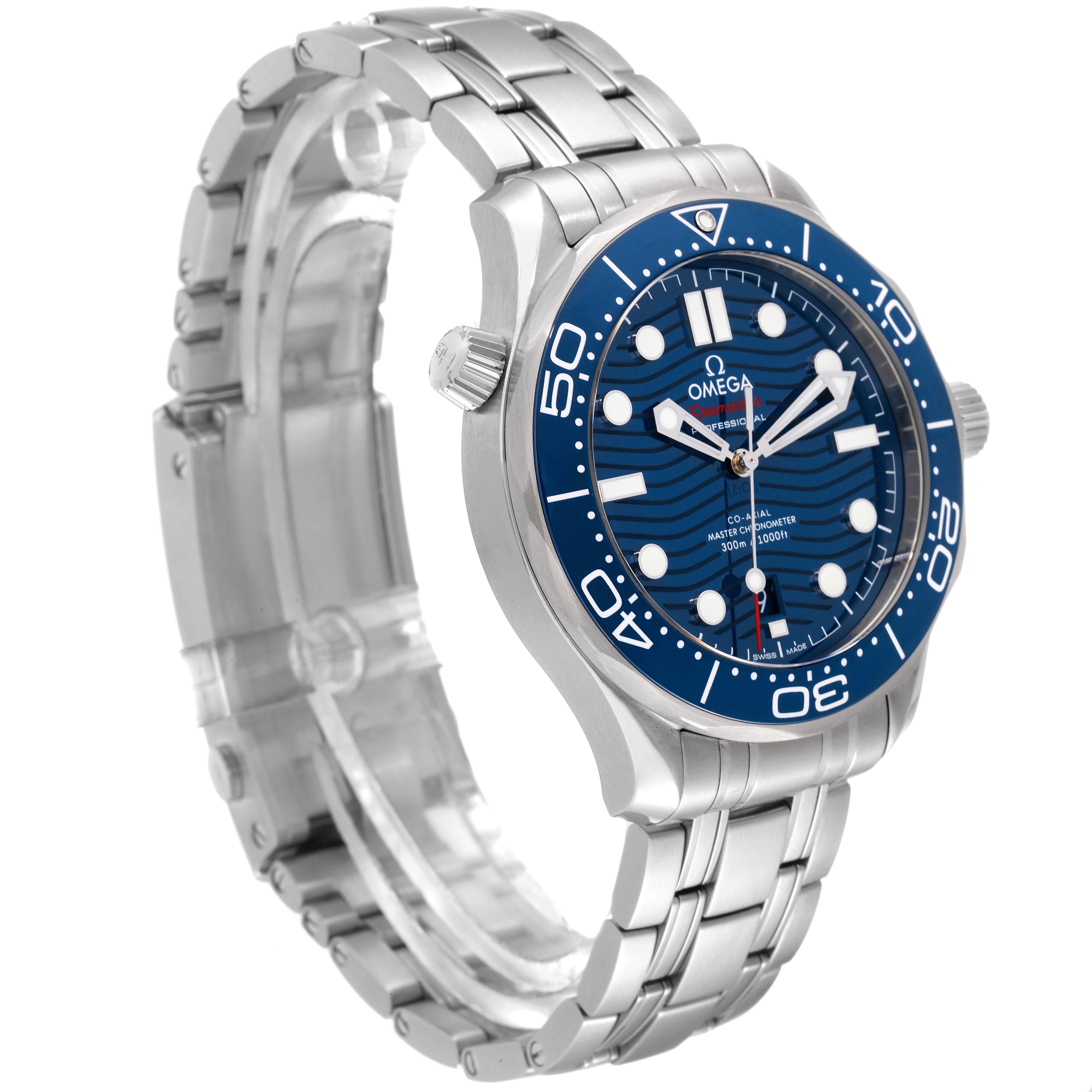The image shows a side angle of the Omega Seamaster 210.30.42.20.03.001 Men's Stainless Steel Blue Dial 210.30.42.20.03.001 Men's Stainless Steel Blue Dial watch, highlighting its blue dial, rotating bezel, and stainless steel bracelet.