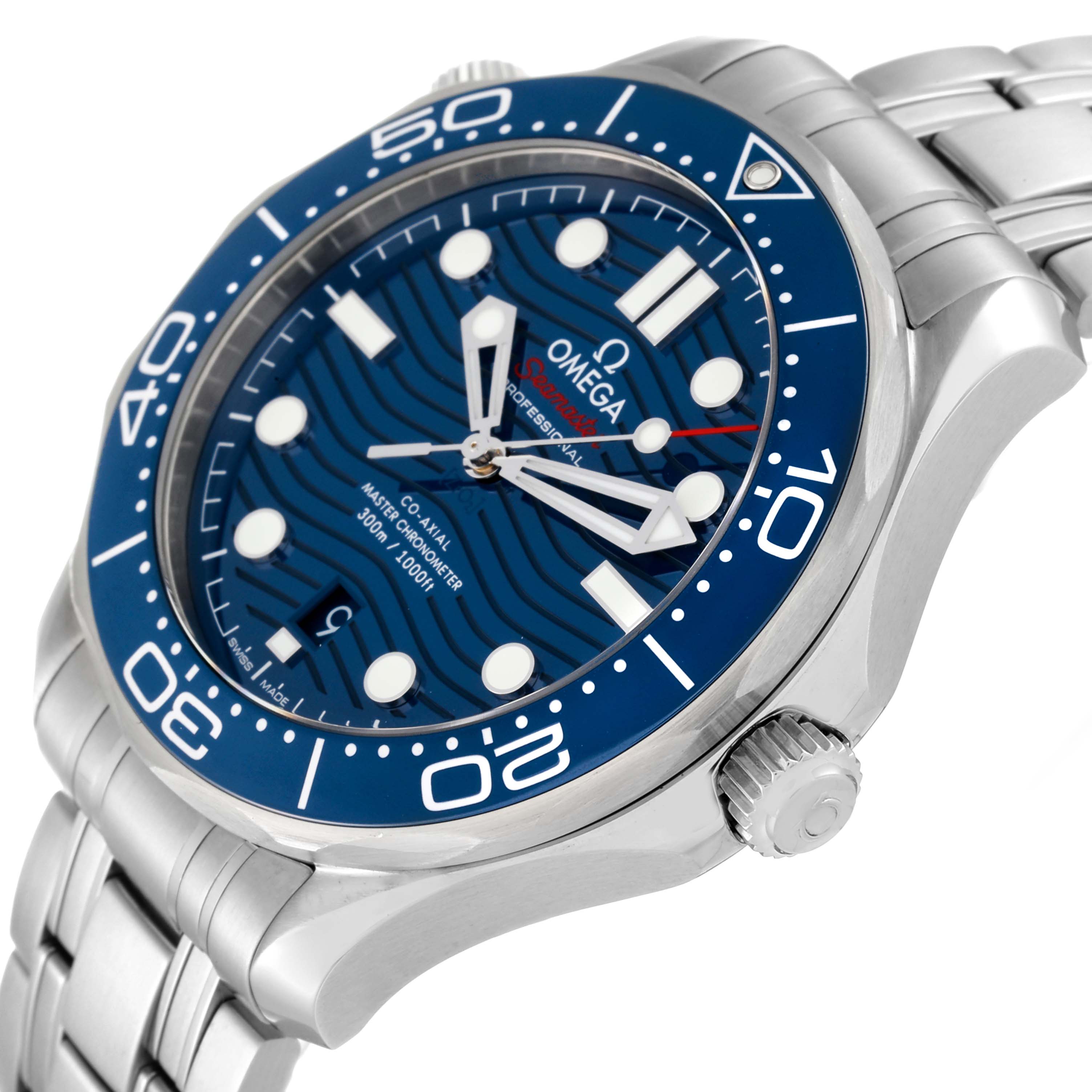 The image shows an angled close-up of an Omega Seamaster 210.30.42.20.03.001 Men's Stainless Steel Blue Dial 210.30.42.20.03.001 Men's Stainless Steel Blue Dial watch, highlighting the bezel, dial, crown, and bracelet.