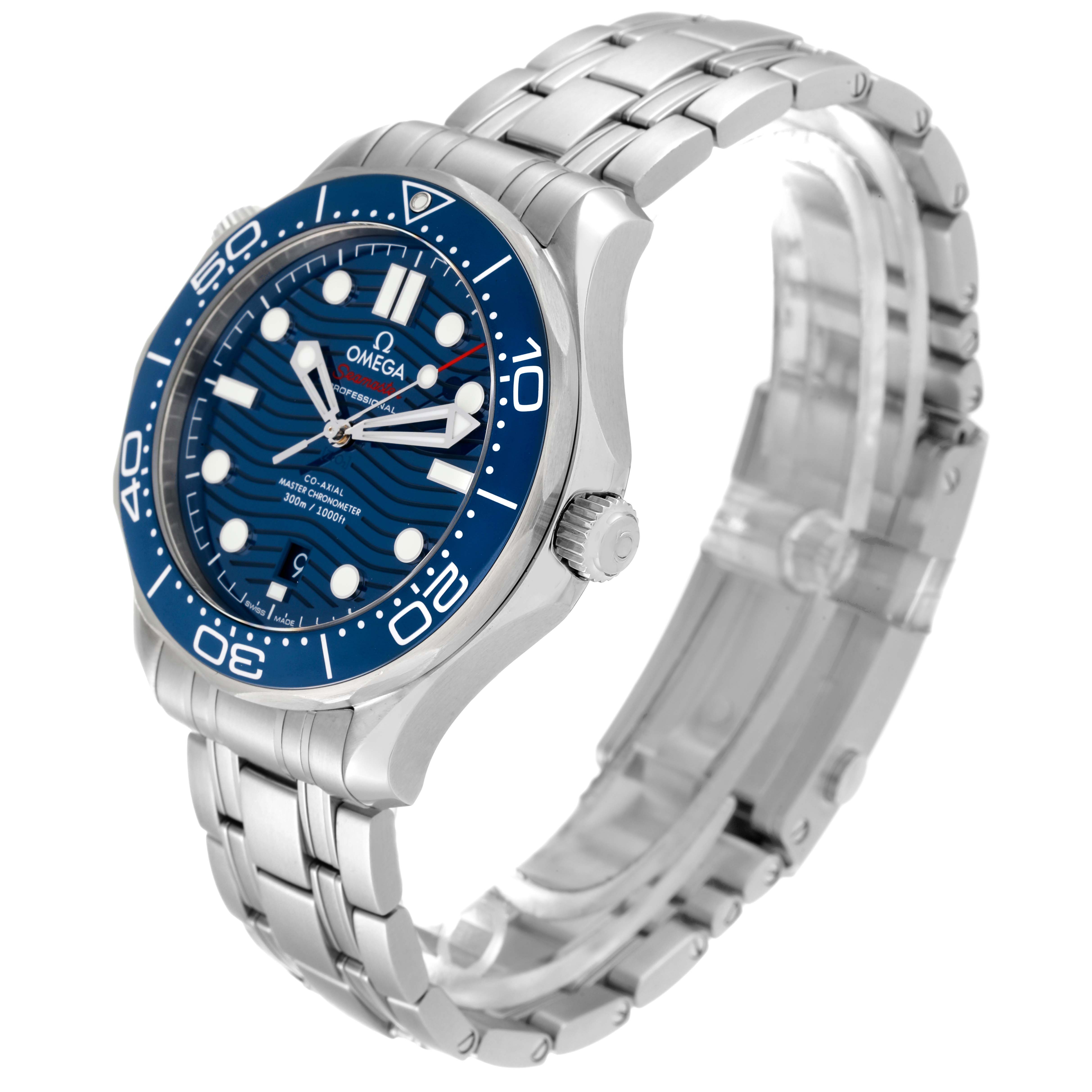 The image shows an angled view of the Omega Seamaster 210.30.42.20.03.001 Men's Stainless Steel Blue Dial 210.30.42.20.03.001 Men's Stainless Steel Blue Dial watch, displaying the face, bezel, crown, and stainless steel bracelet.