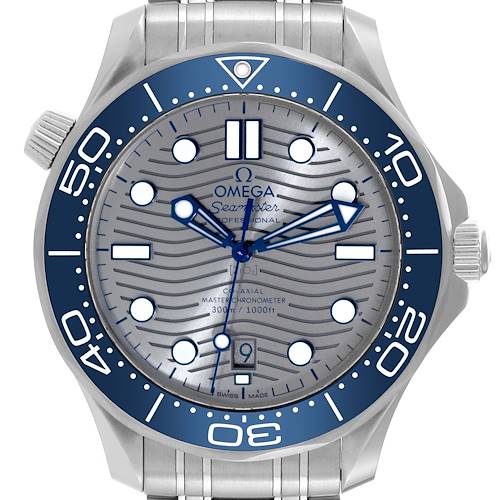 The Omega Seamaster watch is shown from the front, highlighting the dial, bezel, hands, and crown.