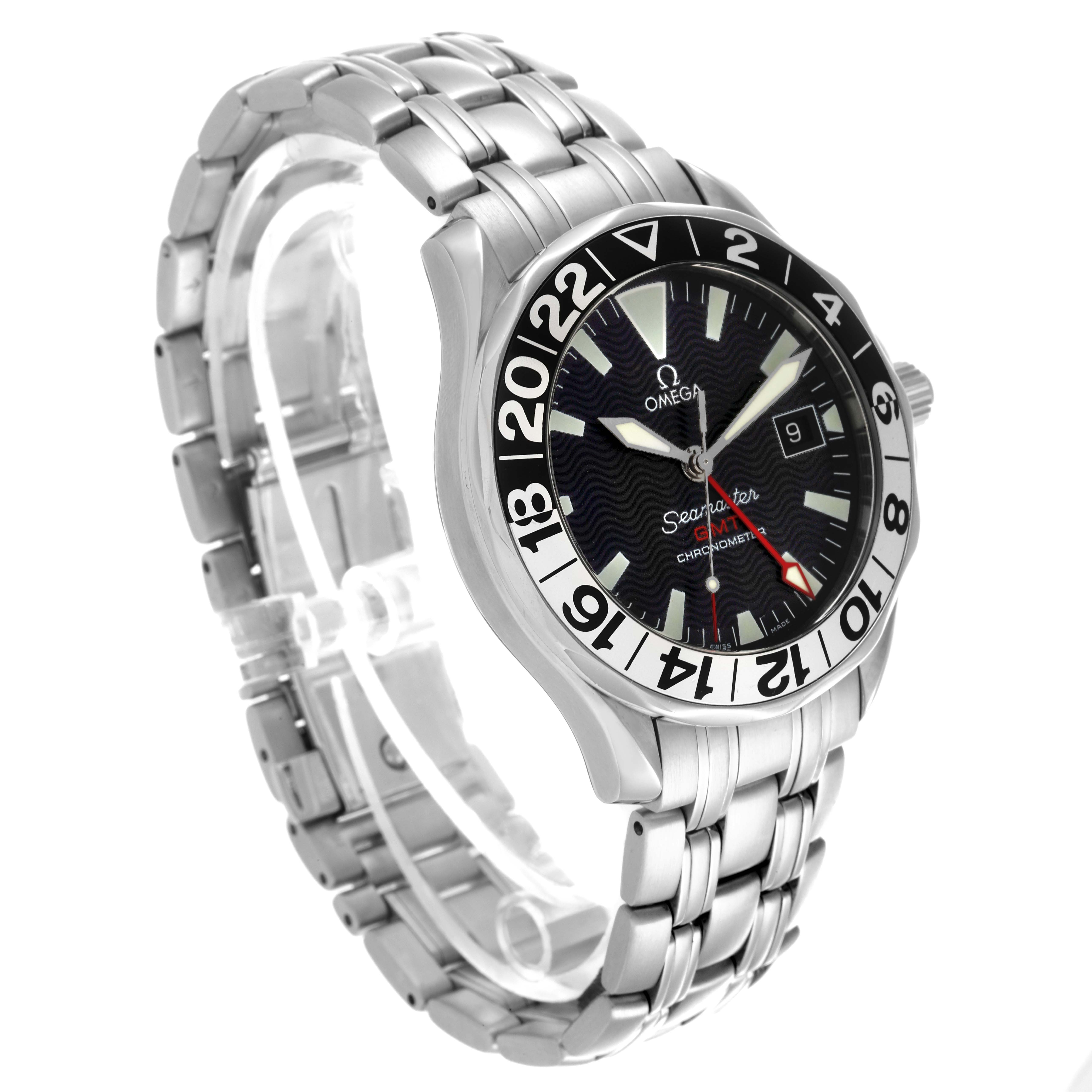 The Omega Seamaster 2234.50.00 Men
s Stainless Steel Black Dial 2234.50.00 Men
s Stainless Steel Black Dial watch is shown from a side angle displaying the face, bezel, and bracelet.