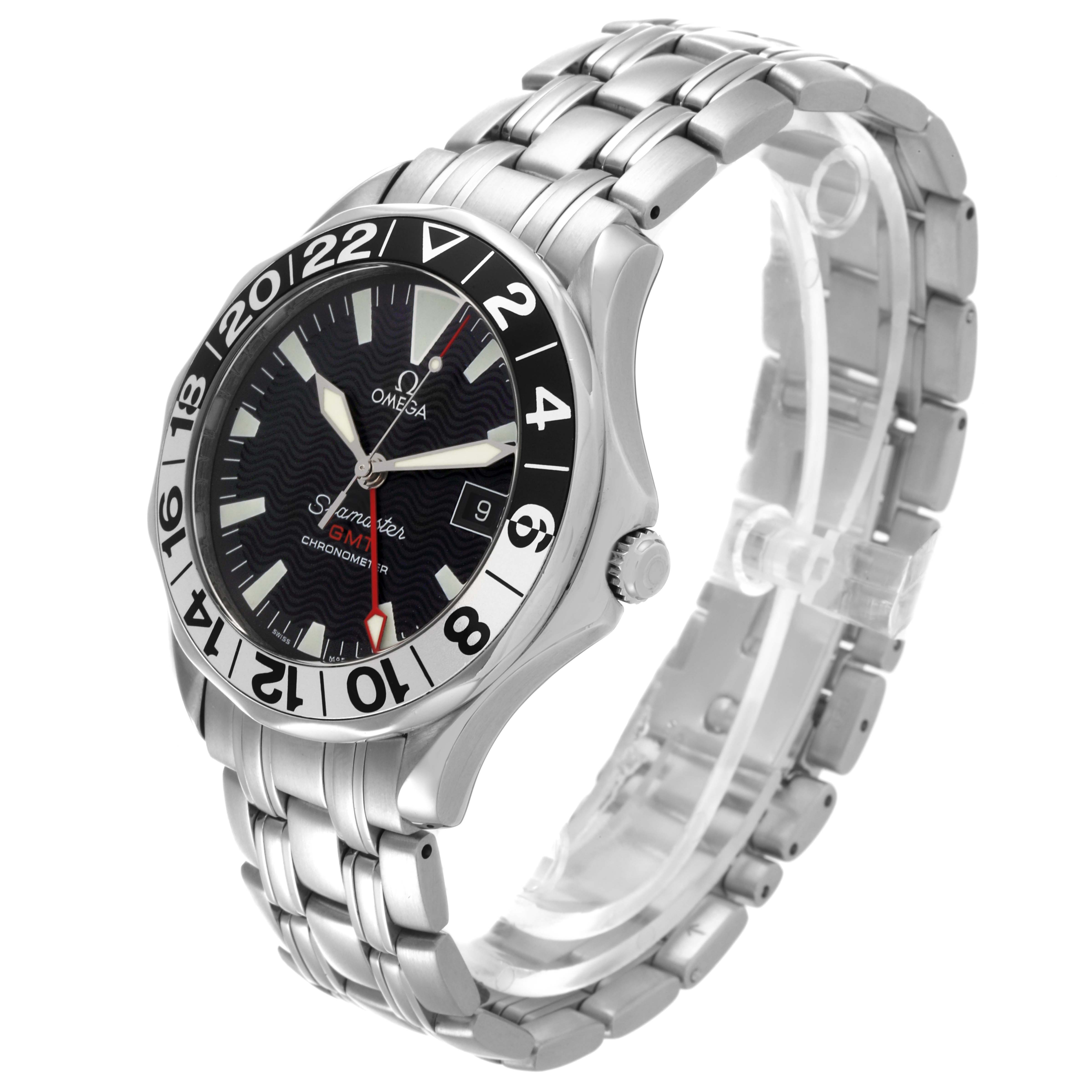 The Omega Seamaster 2234.50.00 Men
s Stainless Steel Black Dial 2234.50.00 Men
s Stainless Steel Black Dial is shown at a three-quarter angle, highlighting the bezel, dial, and bracelet.