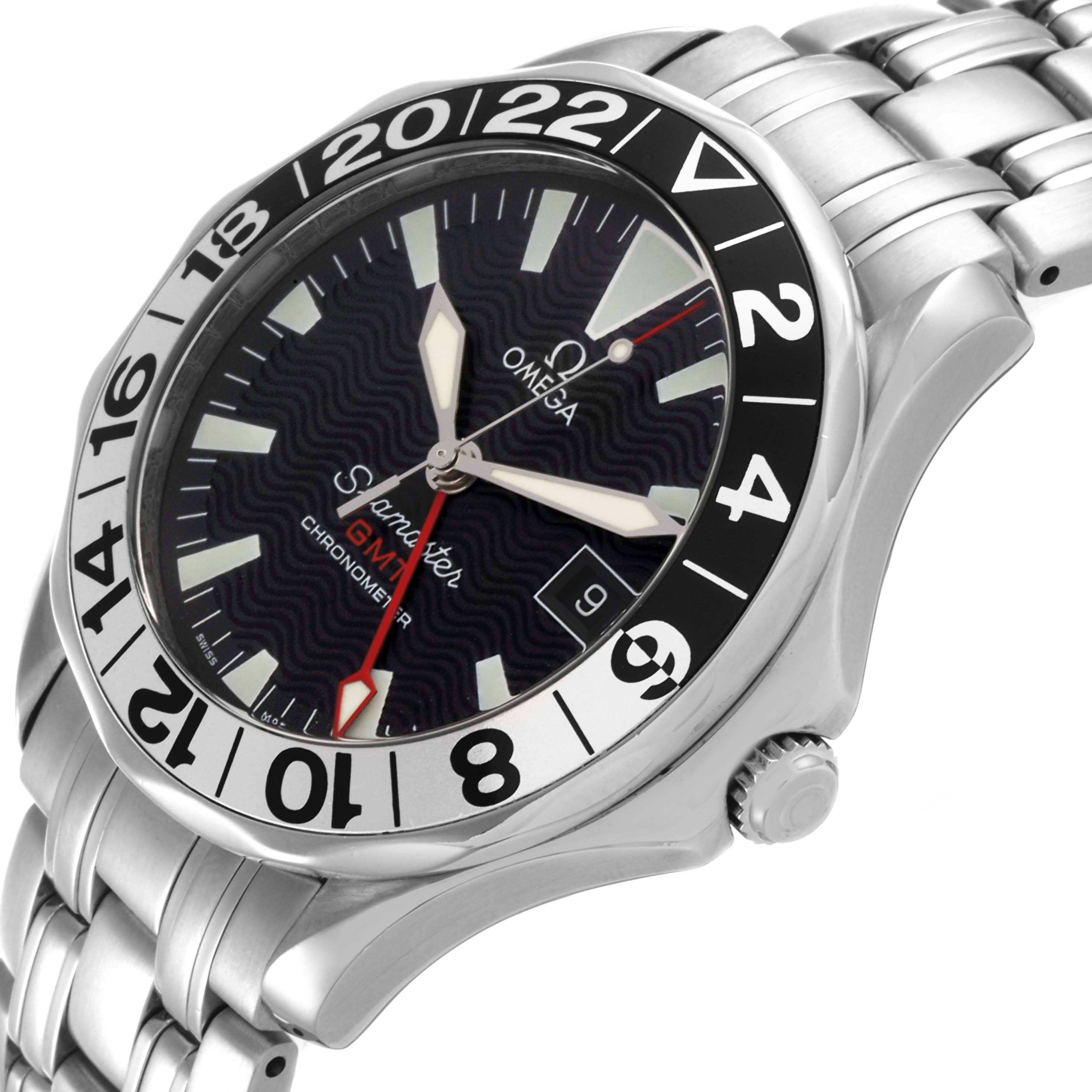 The Omega Seamaster 2234.50.00 Men
s Stainless Steel Black Dial 2234.50.00 Men
s Stainless Steel Black Dial watch is shown at a slight side angle, displaying the face, bezel, crown, and part of the bracelet.