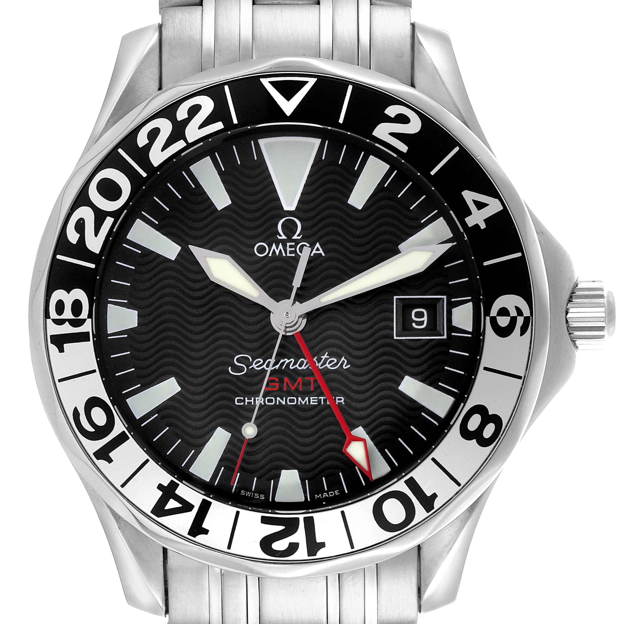The image shows a front view of the Omega Seamaster 2234.50.00 Men
s Stainless Steel Black Dial 2234.50.00 Men
s Stainless Steel Black Dial watch, highlighting the dial, bezel, and crown.