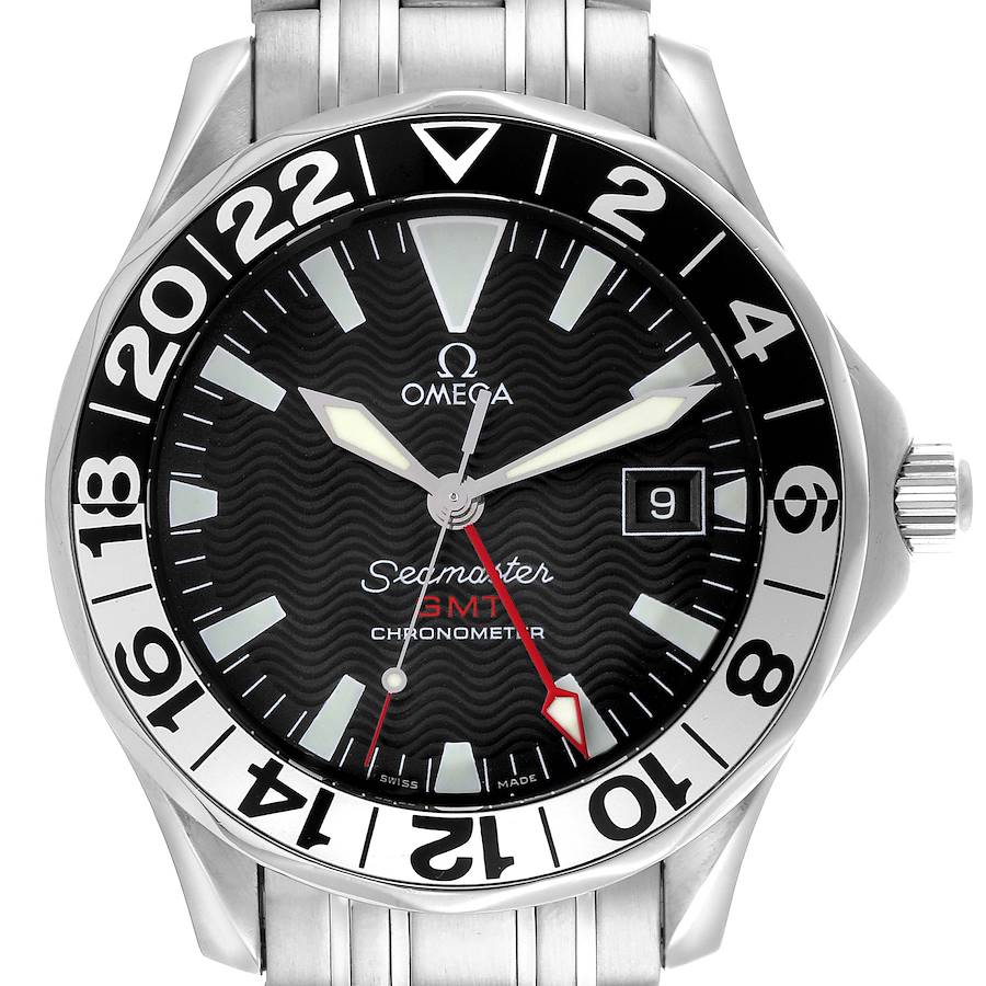 The image shows a front view of the Omega Seamaster watch, highlighting the dial, bezel, and crown.