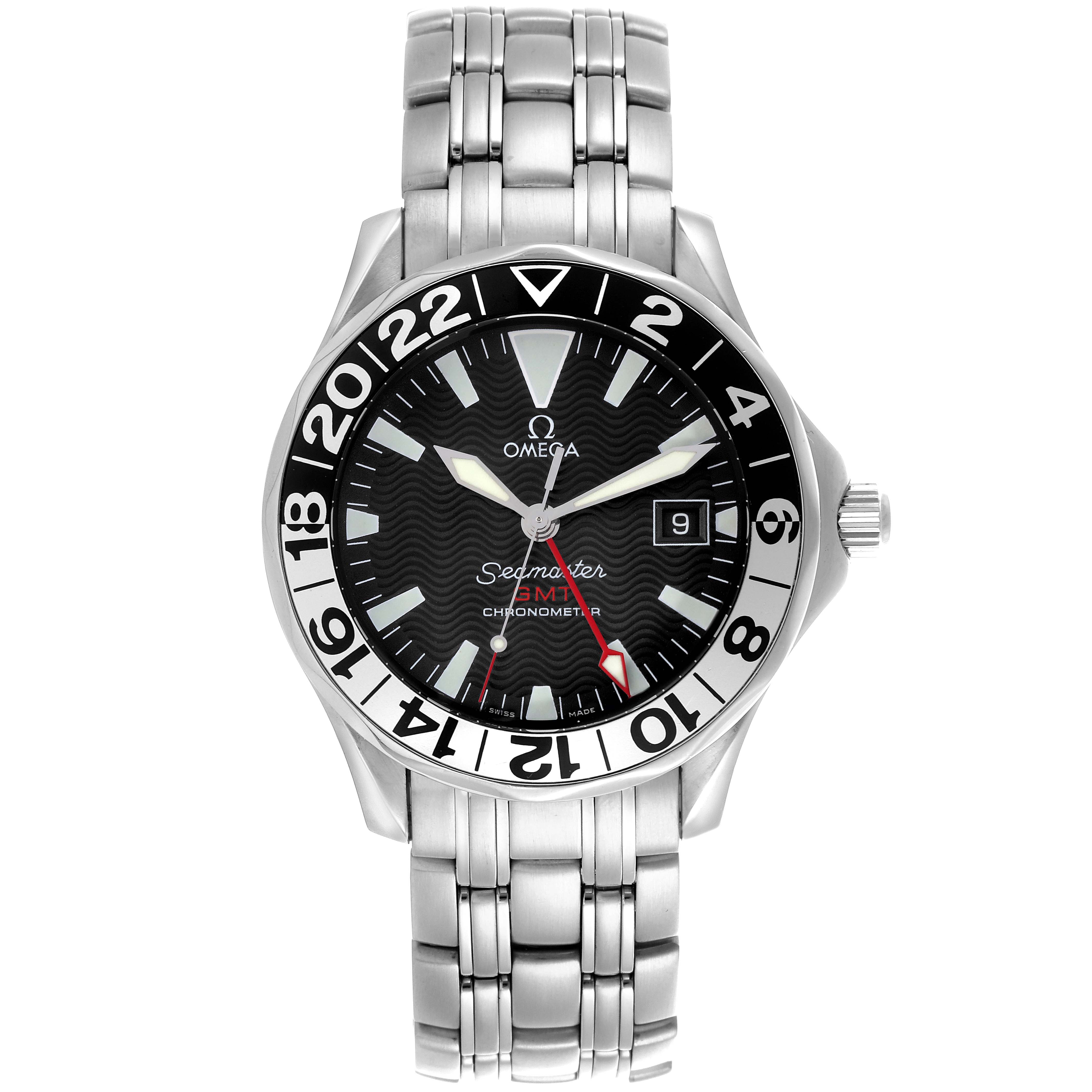 The Omega Seamaster 2234.50.00 Men
s Stainless Steel Black Dial 2234.50.00 Men
s Stainless Steel Black Dial watch is shown from a top-down angle, highlighting the face, bezel, bracelet, and crown.