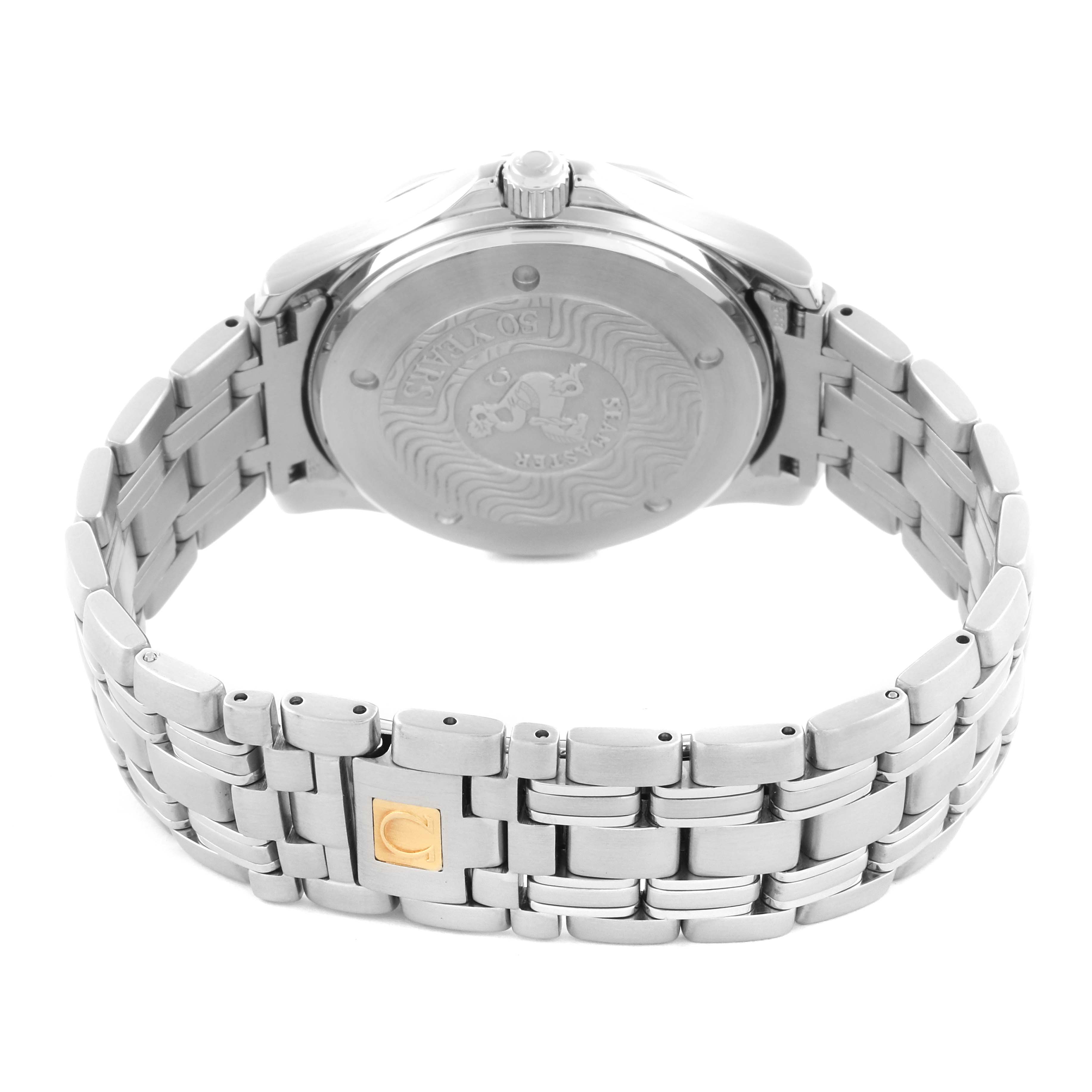 The Omega Seamaster 2234.50.00 Men
s Stainless Steel Black Dial 2234.50.00 Men
s Stainless Steel Black Dial watch is shown from the back, highlighting the case back and stainless steel bracelet.