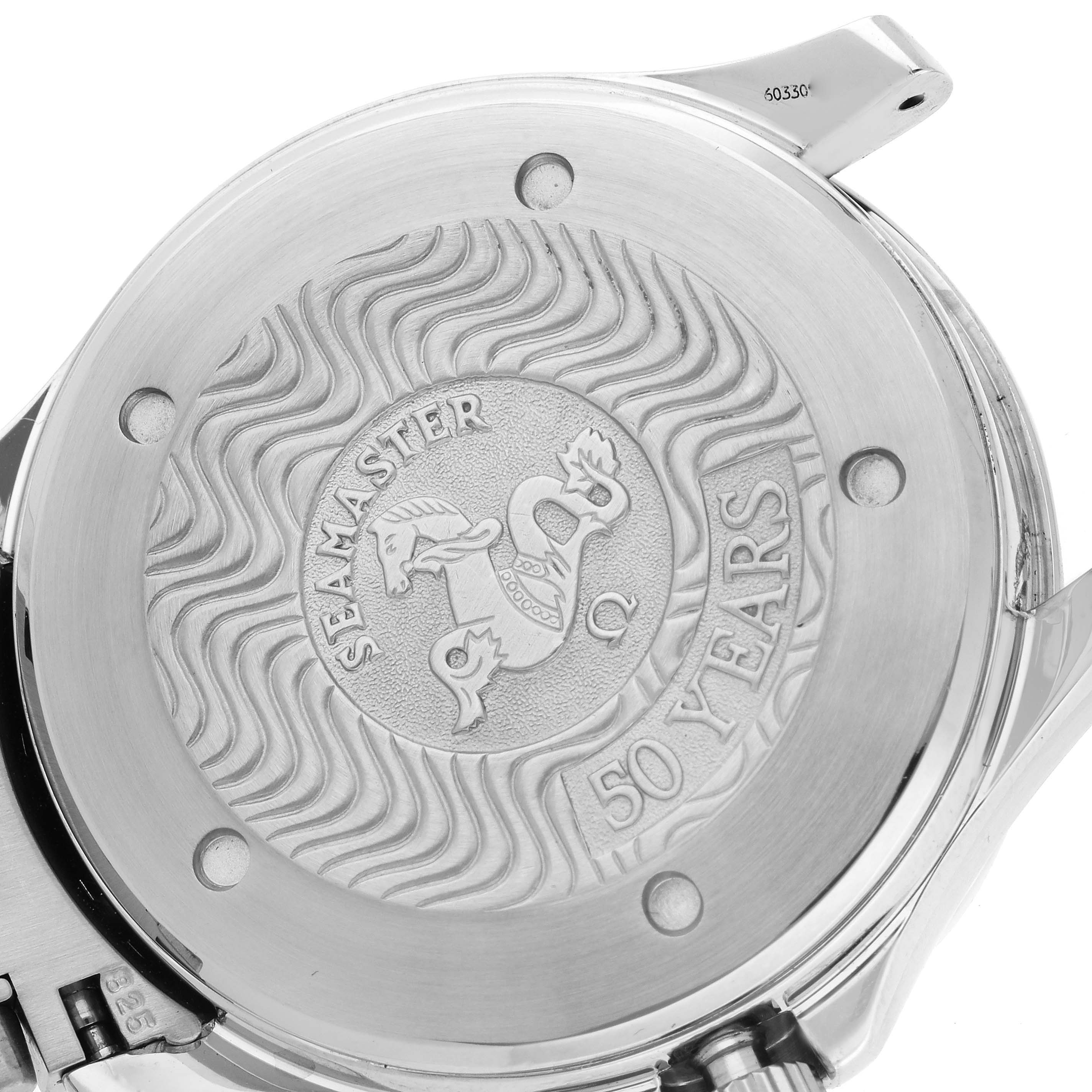 The image shows the case back of an Omega Seamaster 2234.50.00 Men
s Stainless Steel Black Dial 2234.50.00 Men
s Stainless Steel Black Dial watch, featuring an engraved seahorse and "50 Years" text.
