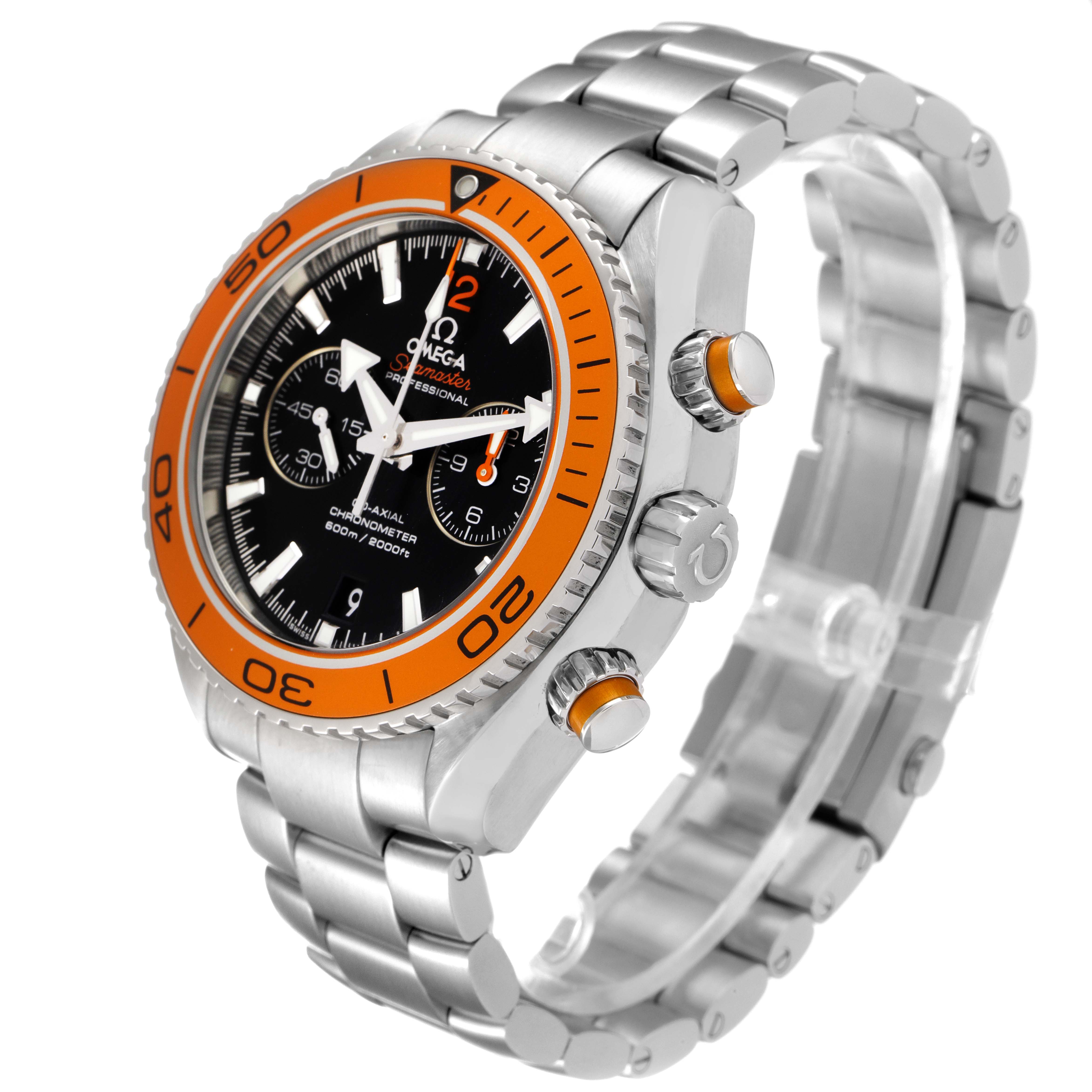 The Omega Planet Ocean 232.30.46.51.01.002 Men's Stainless Steel Black Dial 232.30.46.51.01.002 Men's Stainless Steel Black Dial watch is shown from an angled side view, highlighting the dial, bezel, and bracelet.