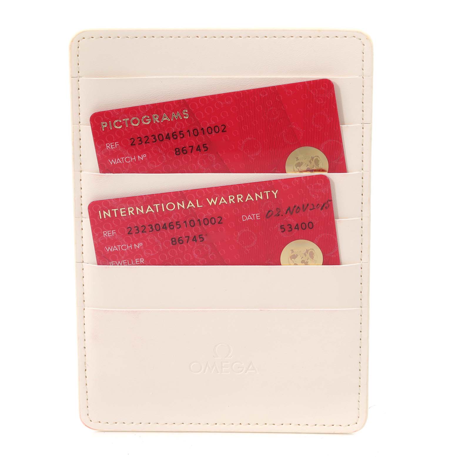 This image shows warranty and pictograms cards for the Omega Planet Ocean 232.30.46.51.01.002 Men's Stainless Steel Black Dial 232.30.46.51.01.002 Men's Stainless Steel Black Dial model in a white cardholder from a top-down angle.