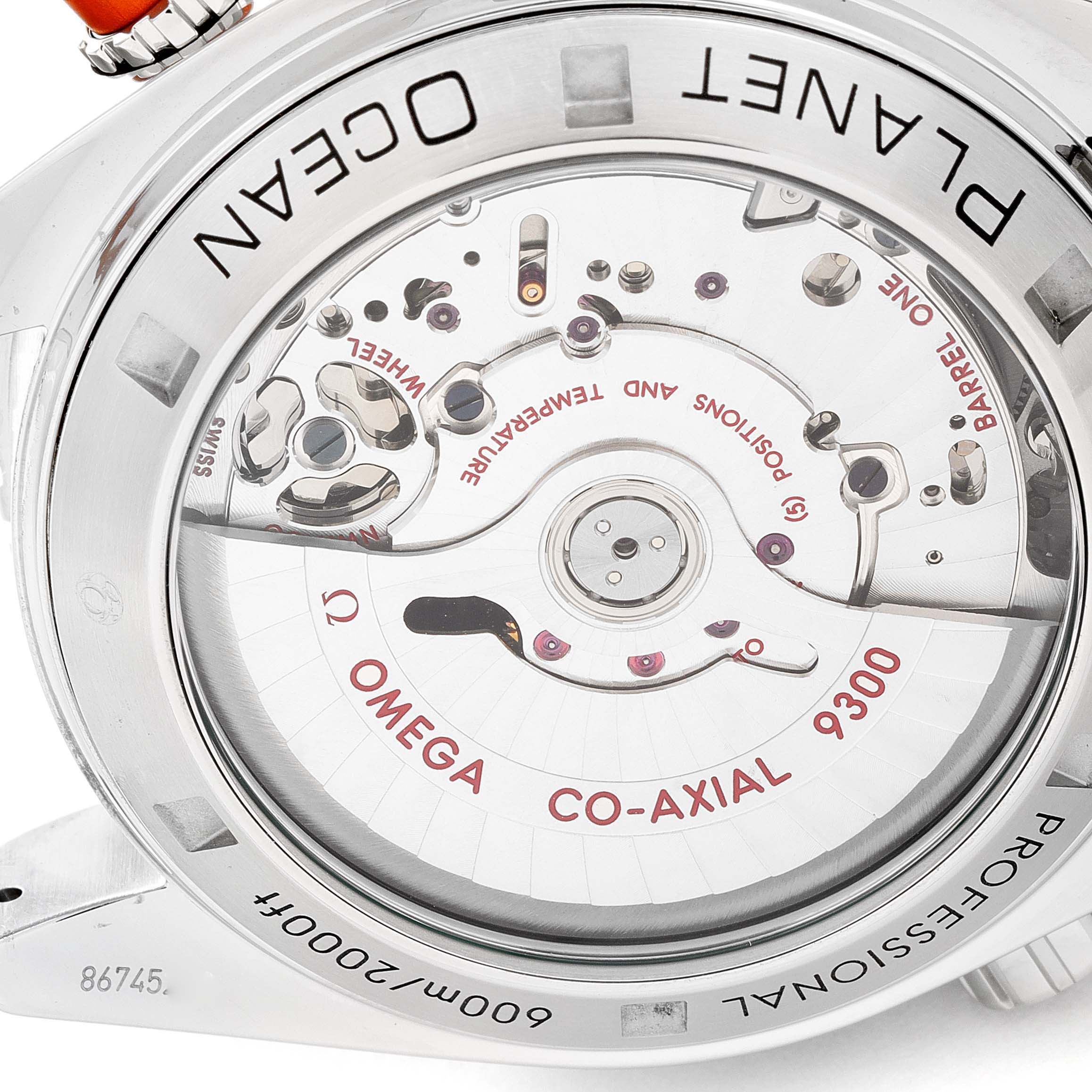 This is the back view of the Omega Planet Ocean 232.30.46.51.01.002 Men's Stainless Steel Black Dial 232.30.46.51.01.002 Men's Stainless Steel Black Dial watch showcasing the Co-Axial 9300 movement.