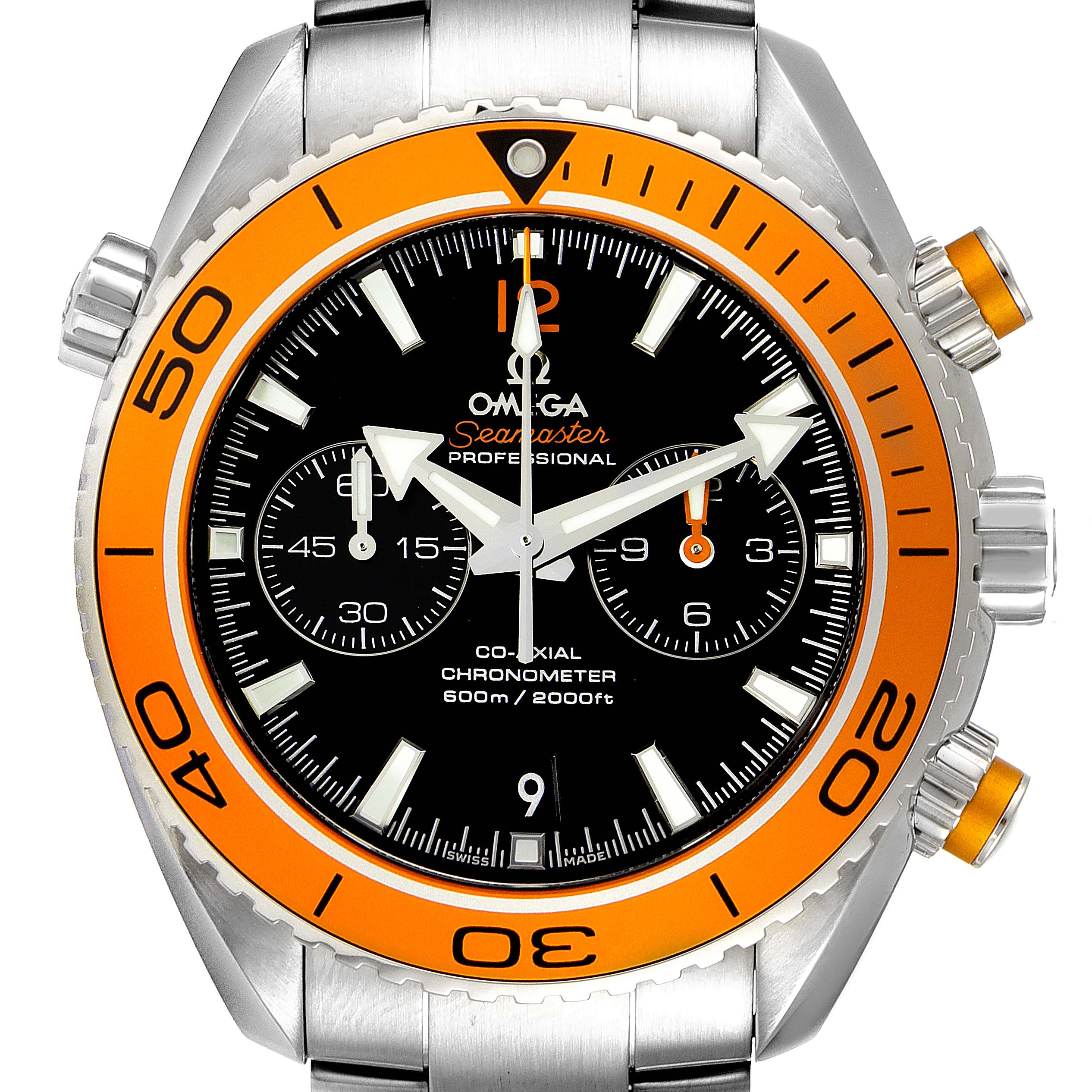 The image shows a front view of an Omega Planet Ocean 232.30.46.51.01.002 Men's Stainless Steel Black Dial 232.30.46.51.01.002 Men's Stainless Steel Black Dial watch featuring an orange bezel and stainless steel band.