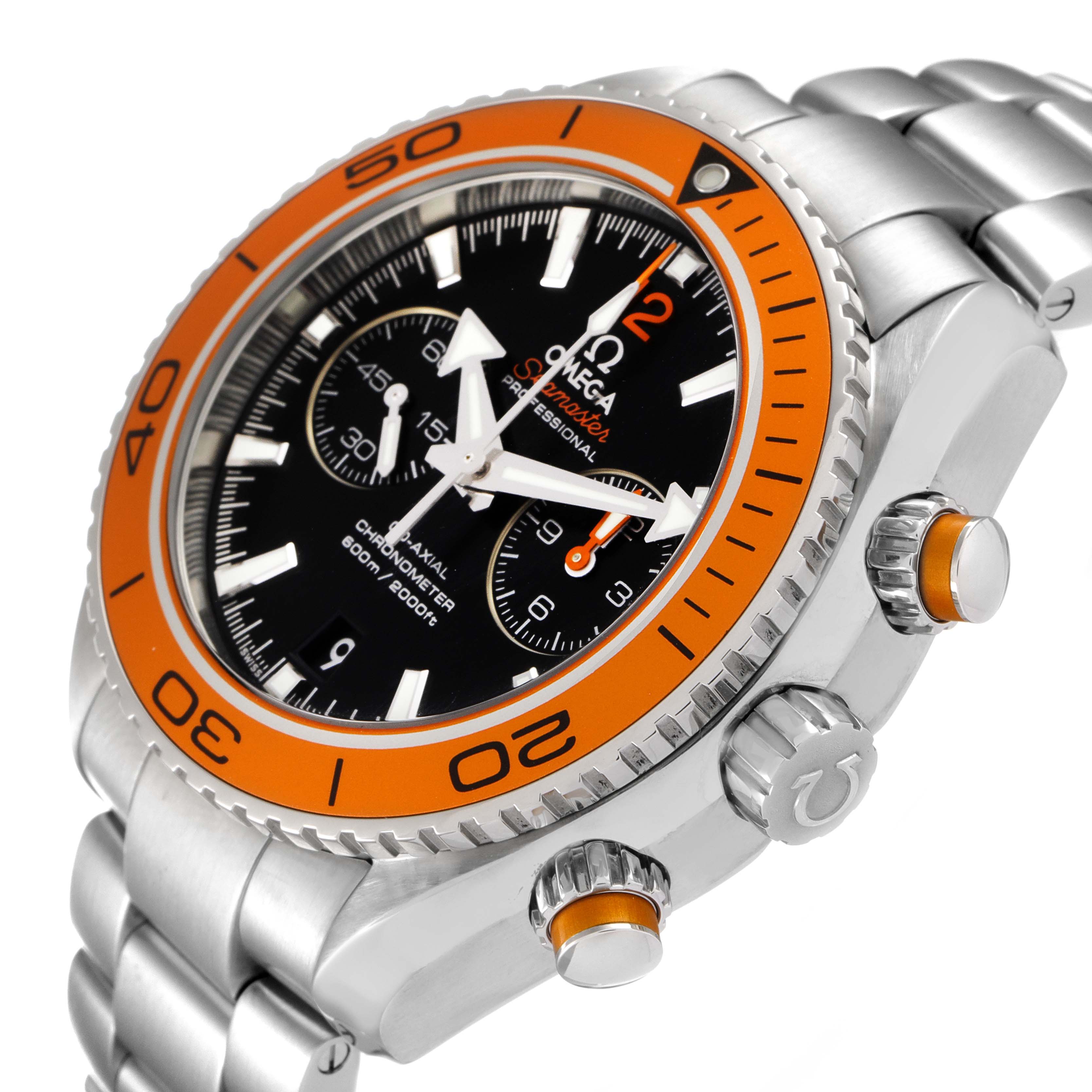 This close-up angle shows the front, side, bezel, crown, and pushers of the Omega Planet Ocean 232.30.46.51.01.002 Men's Stainless Steel Black Dial 232.30.46.51.01.002 Men's Stainless Steel Black Dial watch.