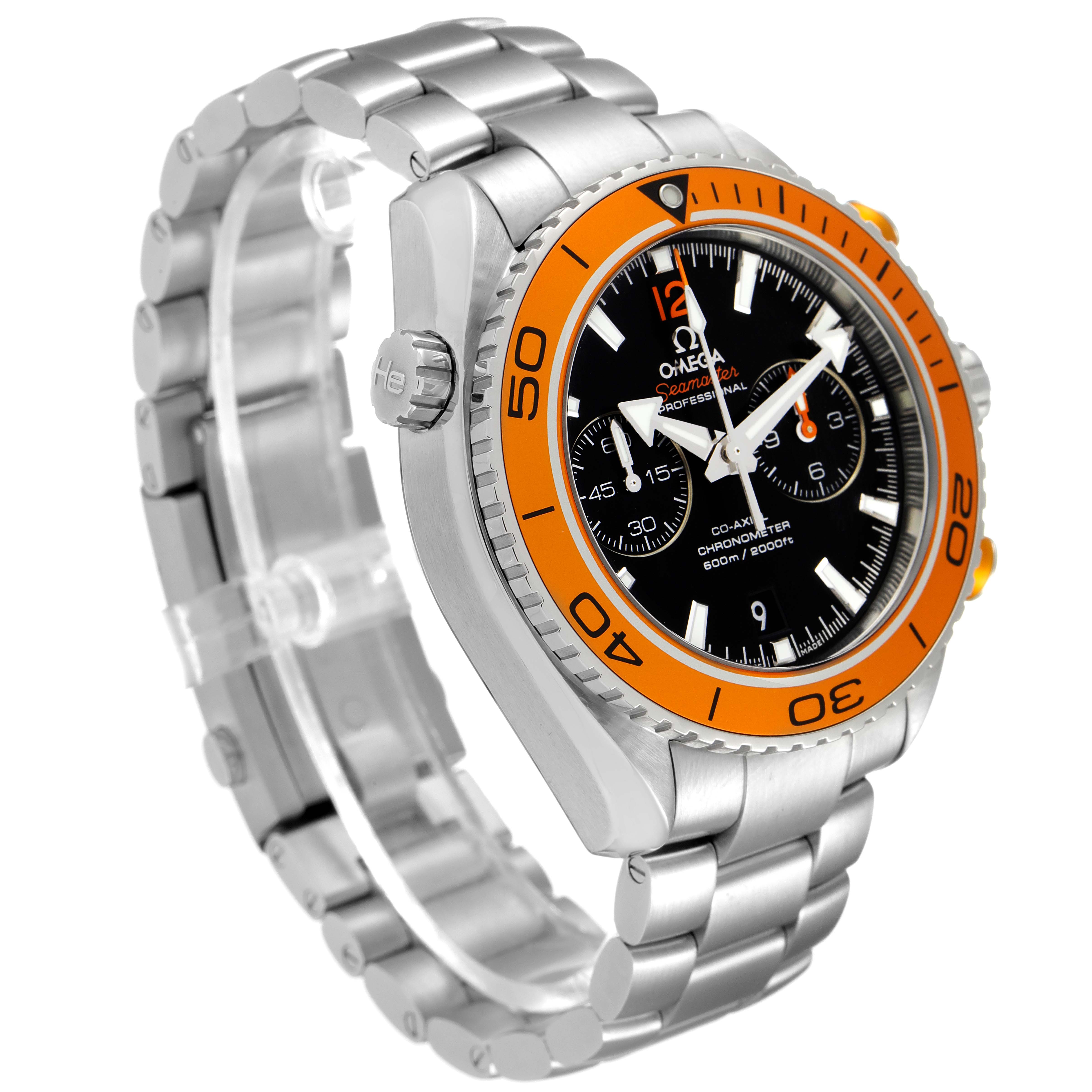 This image shows an angled view of an Omega Planet Ocean 232.30.46.51.01.002 Men's Stainless Steel Black Dial 232.30.46.51.01.002 Men's Stainless Steel Black Dial watch featuring an orange bezel and a stainless steel bracelet.