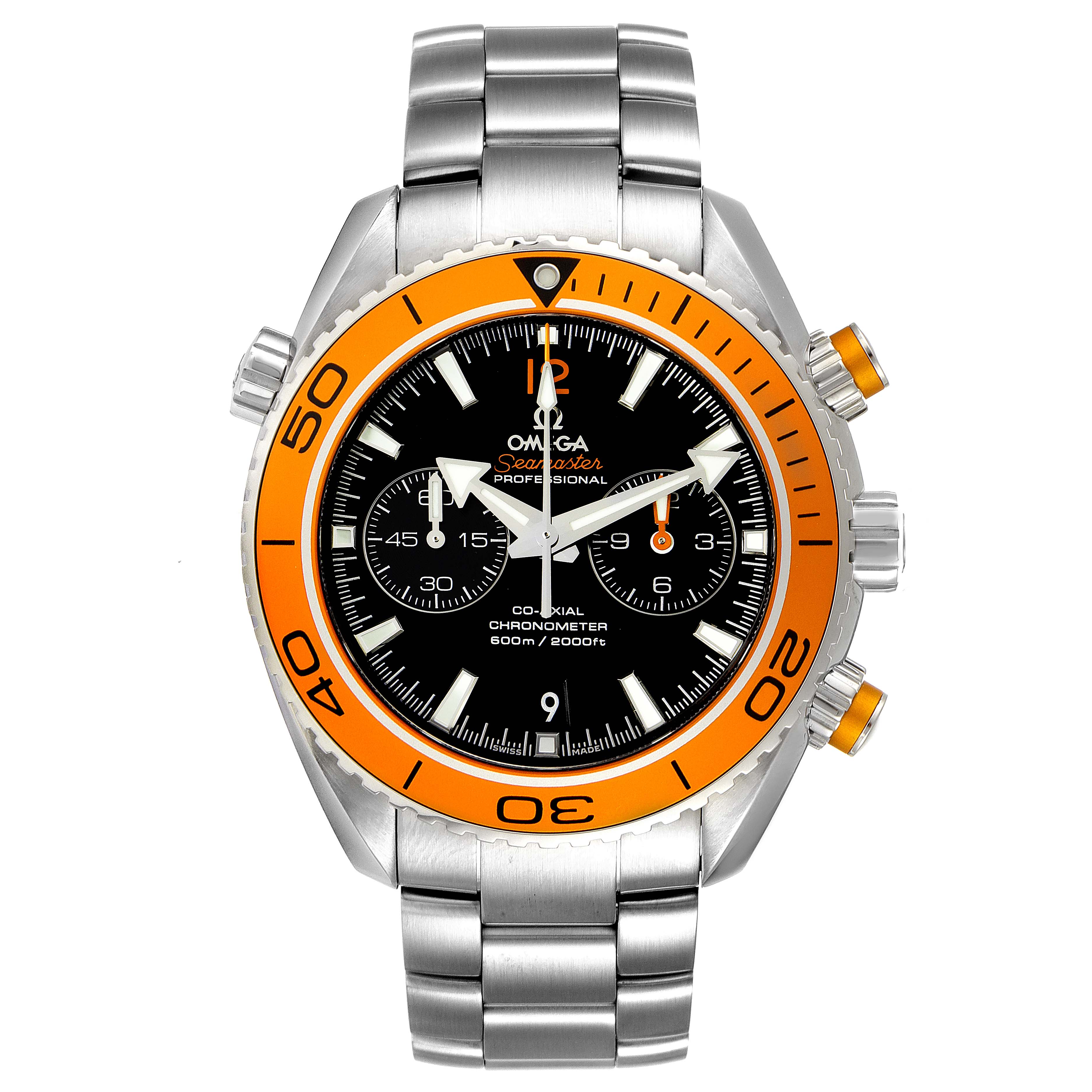 The image shows a front view of the Omega Planet Ocean 232.30.46.51.01.002 Men's Stainless Steel Black Dial 232.30.46.51.01.002 Men's Stainless Steel Black Dial watch, highlighting the bezel, dial, and stainless steel bracelet.