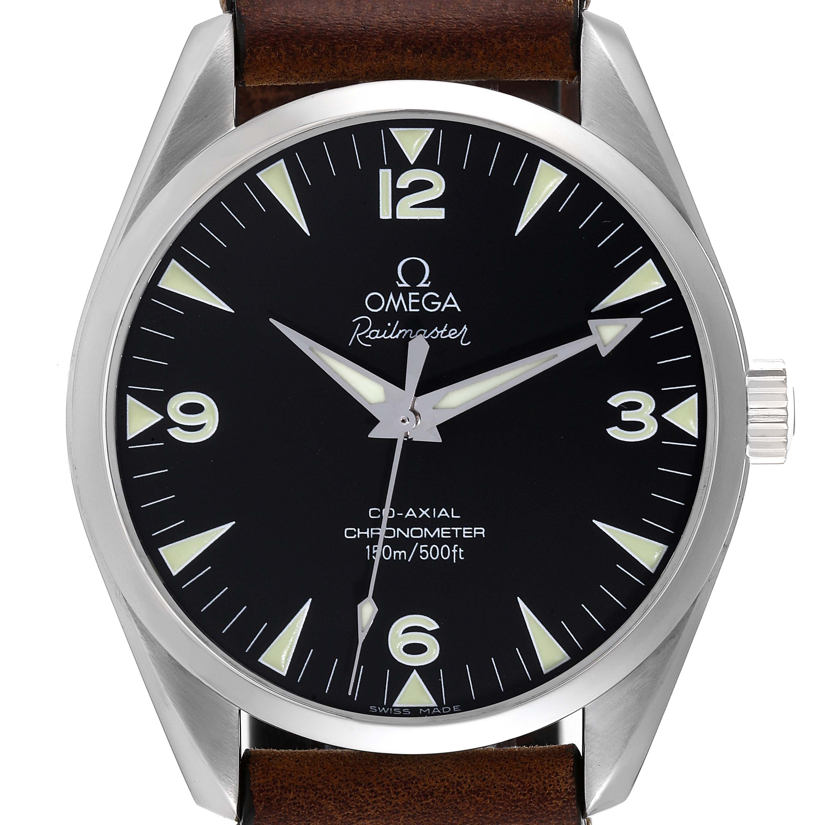 The image shows a front view of an Omega Aqua Terra 2503.52.00 Men's Stainless Steel Black Dial 2503.52.00 Men's Stainless Steel Black Dial Railmaster watch, highlighting its face, hands, and case.