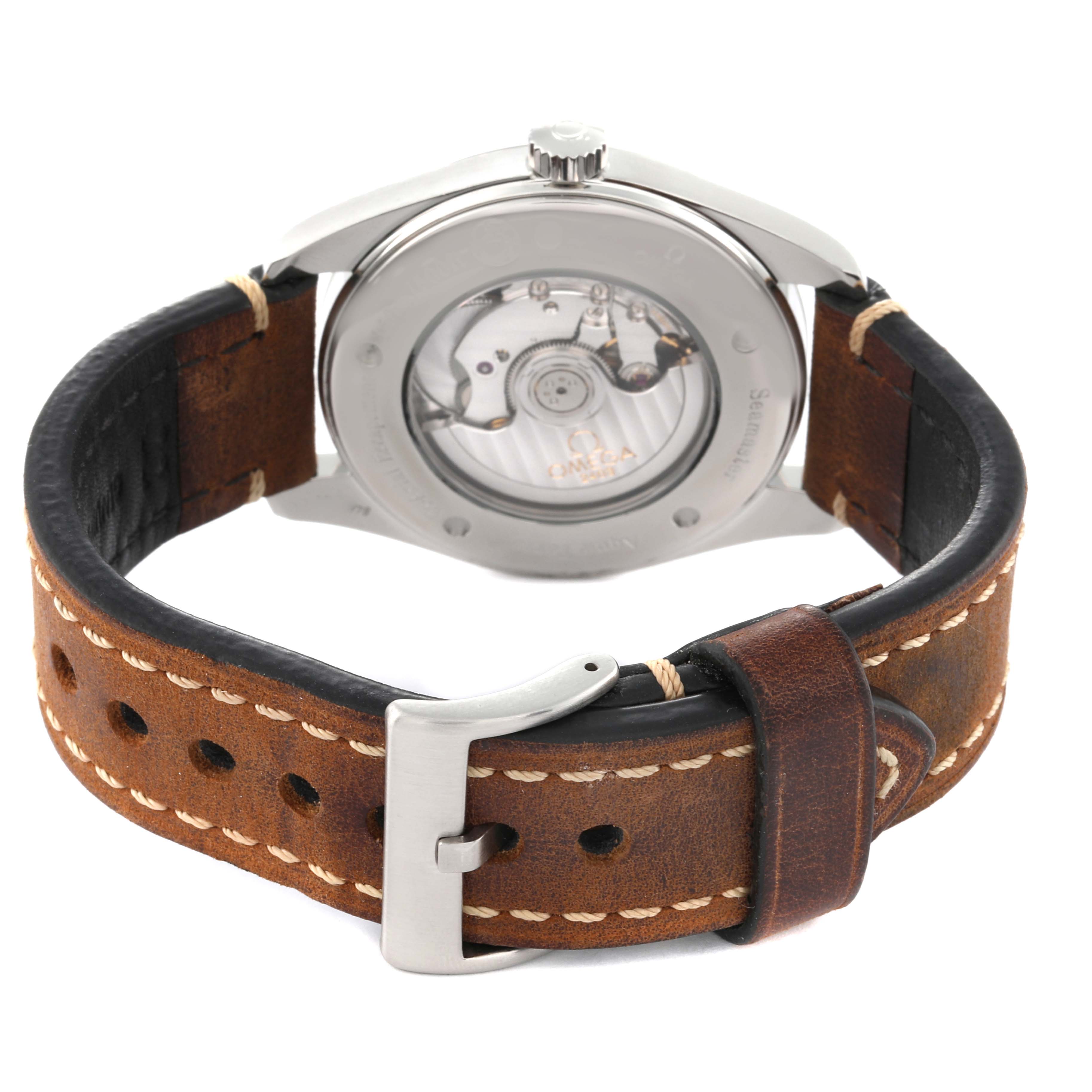 This image shows the back view of an Omega Aqua Terra 2503.52.00 Men's Stainless Steel Black Dial 2503.52.00 Men's Stainless Steel Black Dial watch highlighting its movement and leather strap.