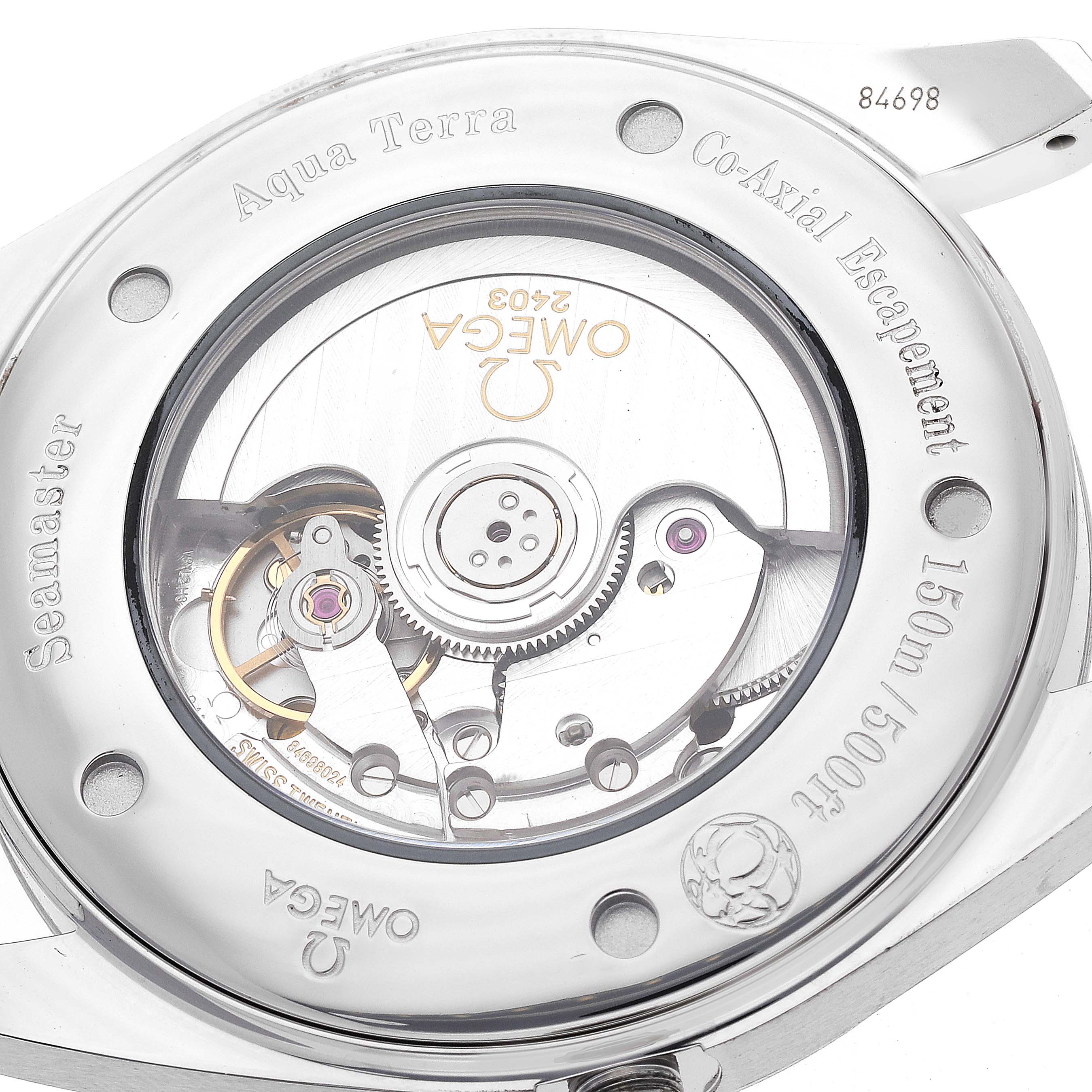 This image shows the back of the Omega Aqua Terra 2503.52.00 Men's Stainless Steel Black Dial 2503.52.00 Men's Stainless Steel Black Dial watch, highlighting its movement and Co-Axial Escapement.