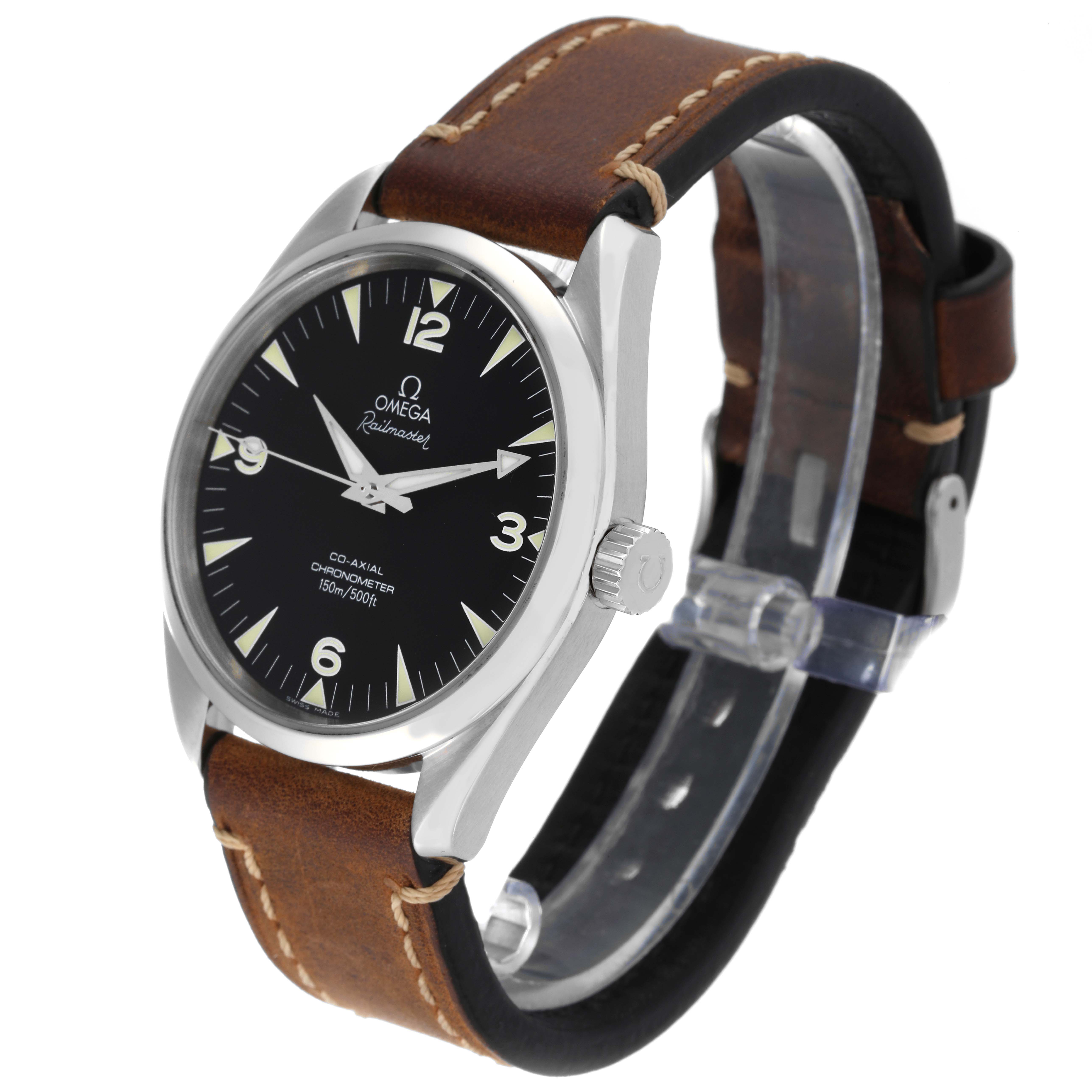 The Omega Aqua Terra 2503.52.00 Men's Stainless Steel Black Dial 2503.52.00 Men's Stainless Steel Black Dial watch is shown from a three-quarter angle, highlighting the black dial, case, crown, and brown leather strap.