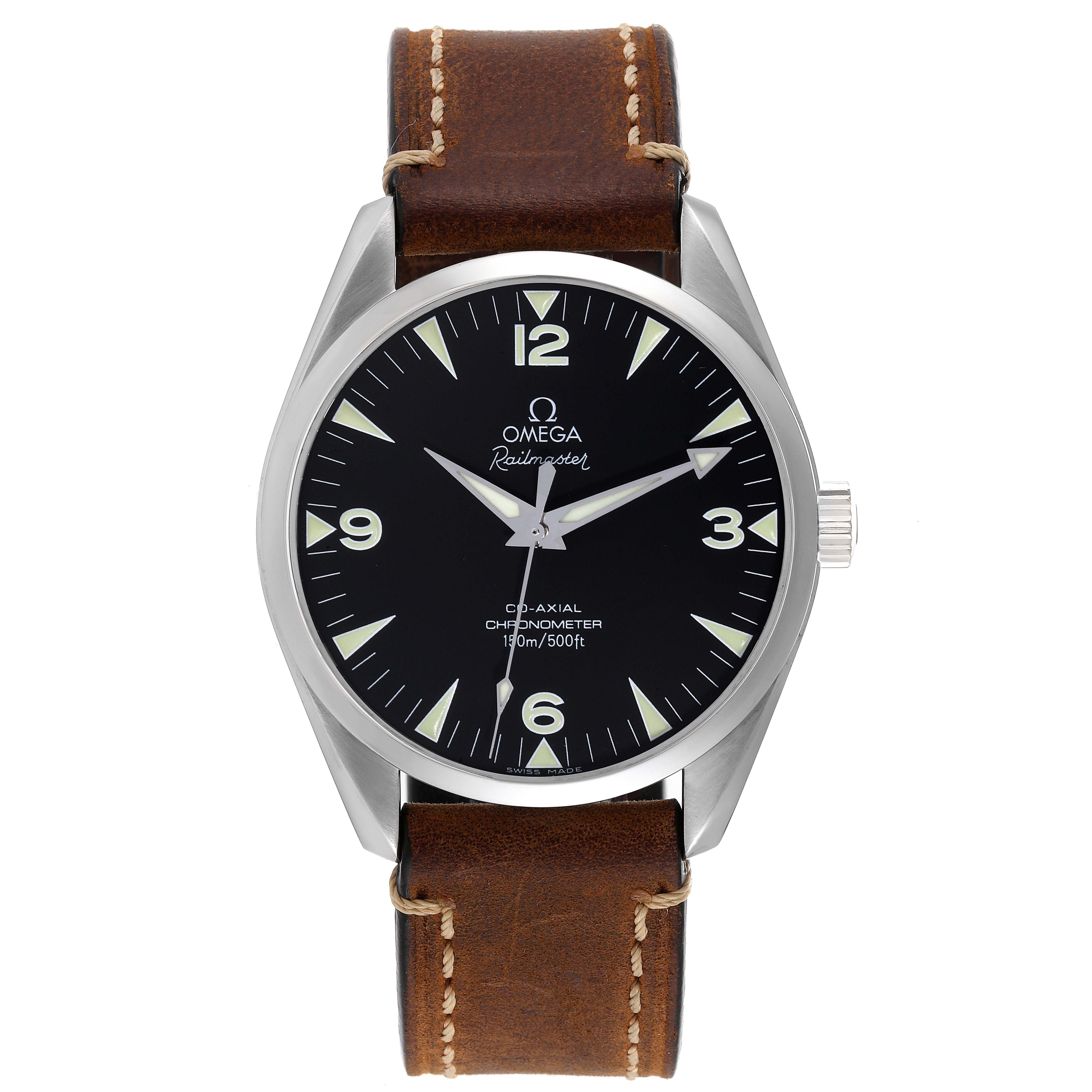 This image shows a front view of the Omega Aqua Terra 2503.52.00 Men's Stainless Steel Black Dial 2503.52.00 Men's Stainless Steel Black Dial watch displaying its dial, case, and leather strap.