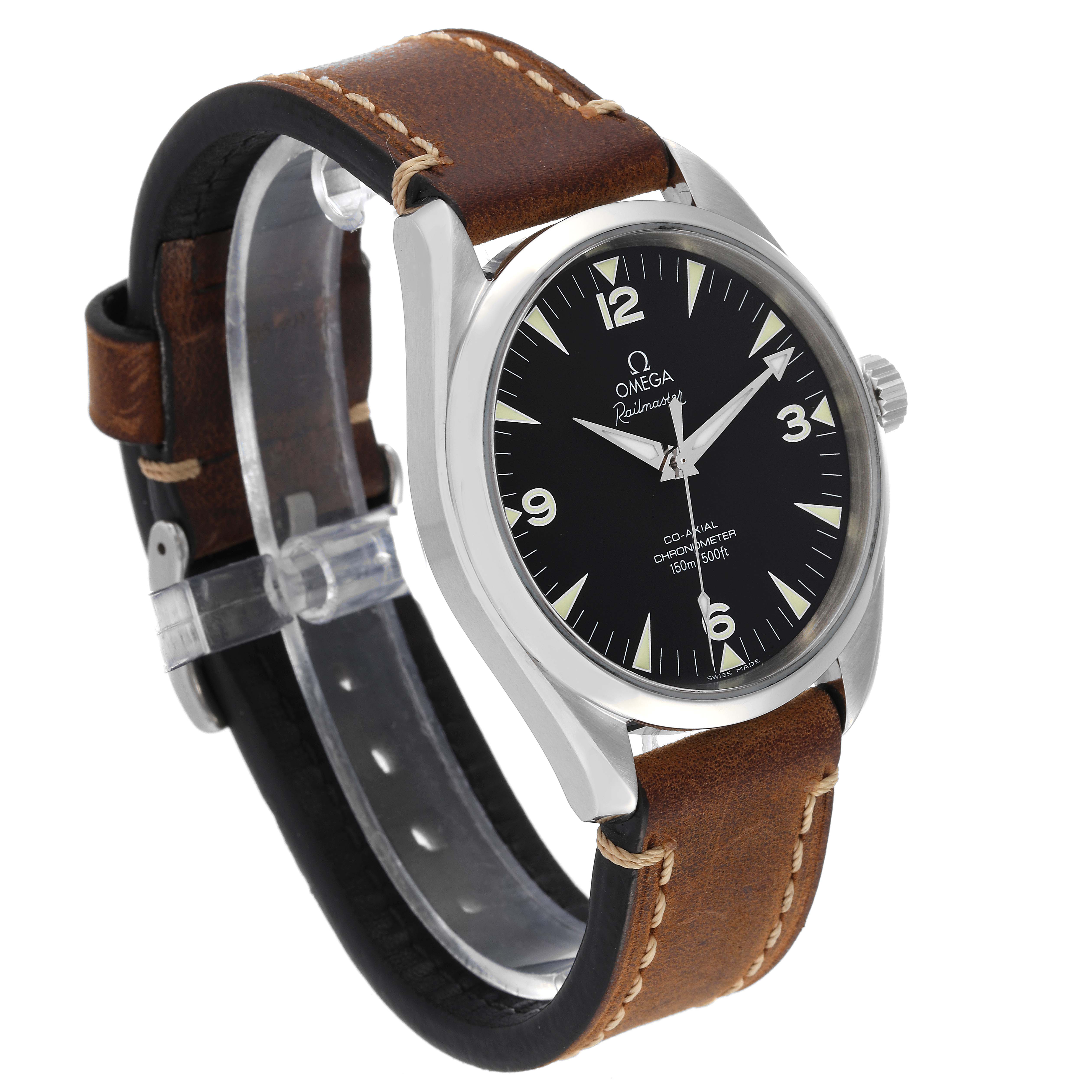 This Omega Aqua Terra 2503.52.00 Men's Stainless Steel Black Dial 2503.52.00 Men's Stainless Steel Black Dial watch image shows a side angle, highlighting the leather strap, dial, and case.