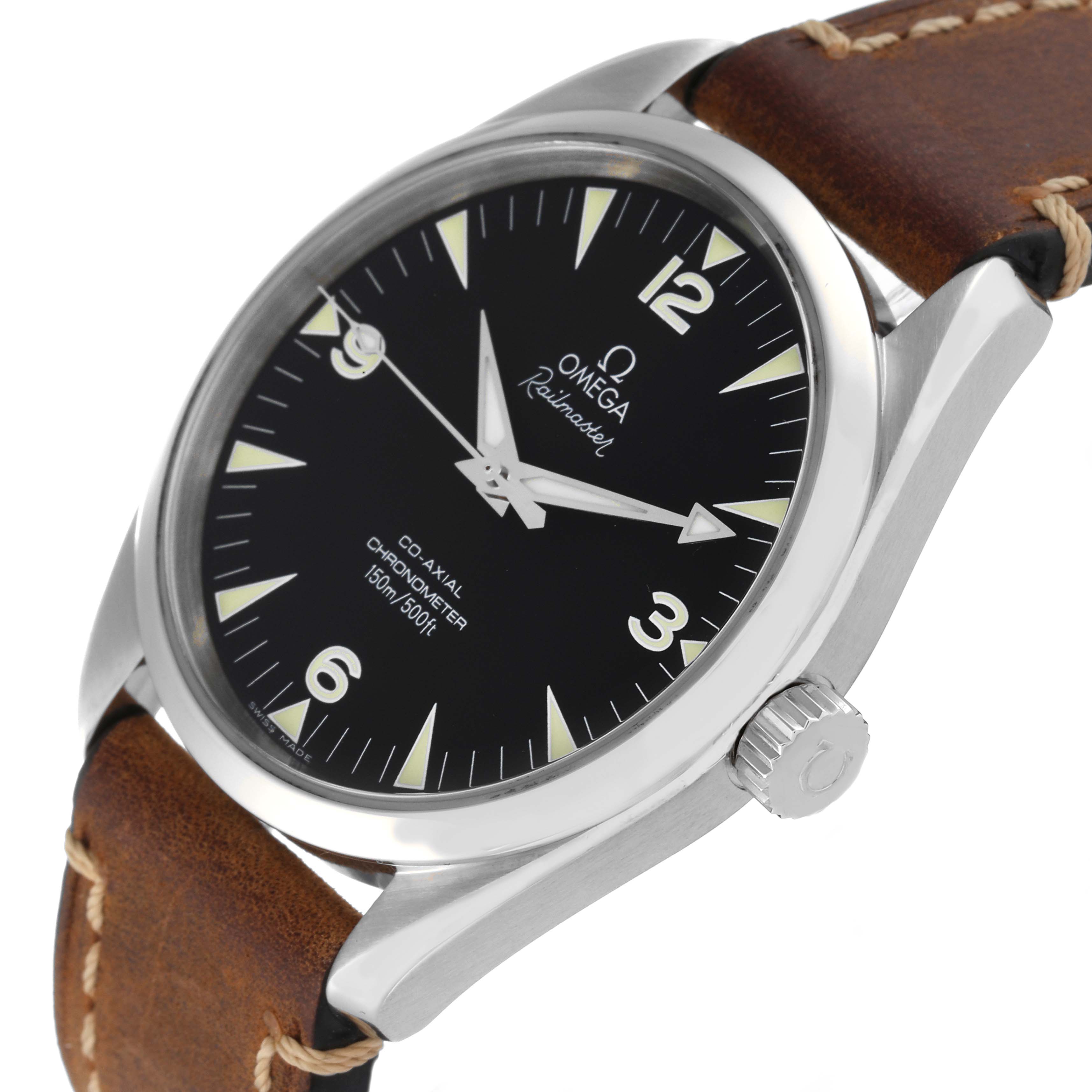 The image shows an angled view of an Omega Aqua Terra 2503.52.00 Men's Stainless Steel Black Dial 2503.52.00 Men's Stainless Steel Black Dial watch, highlighting its dial, bezel, crown, and leather strap.