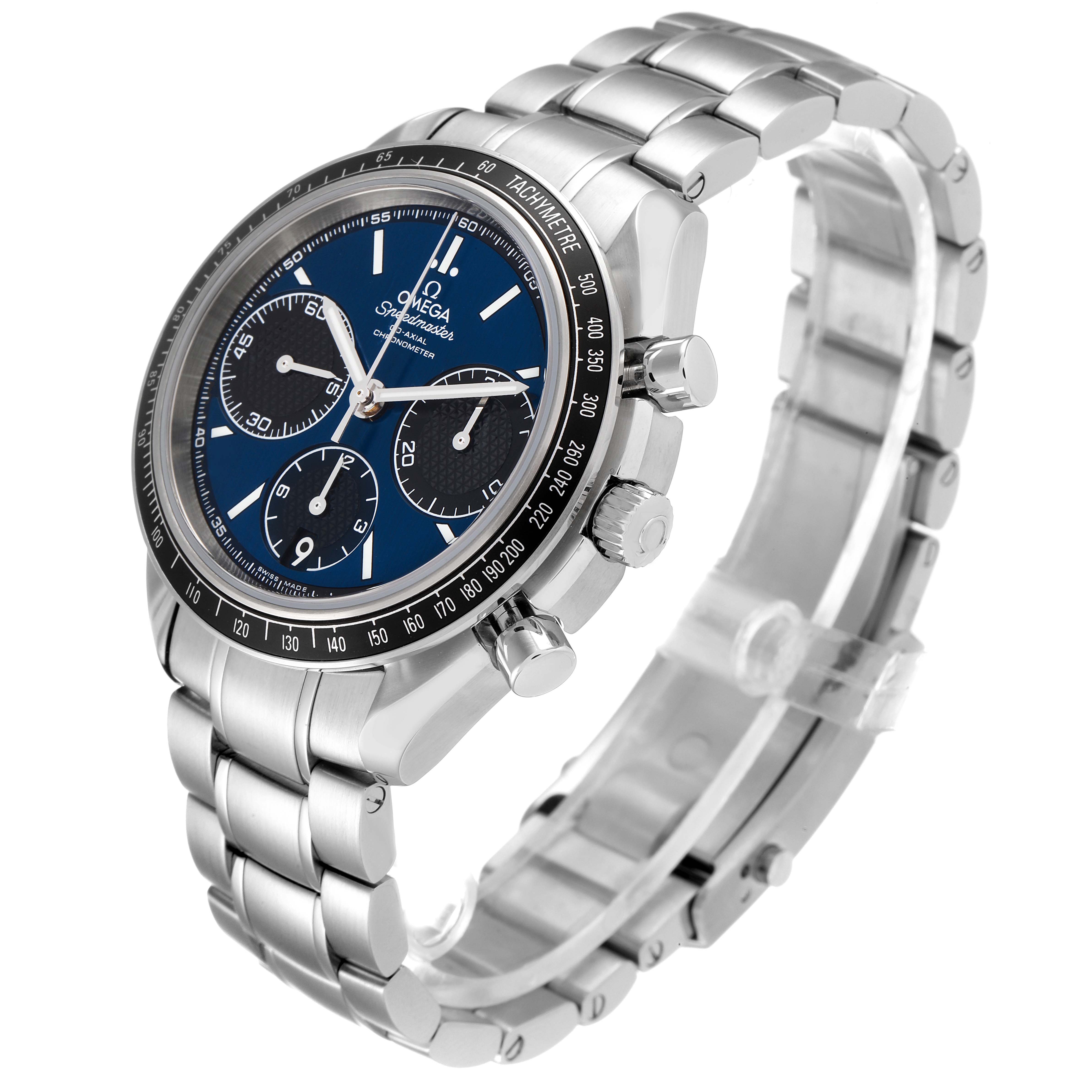The Omega Speedmaster 326.30.40.50.03.001 Men's Stainless Steel Blue Dial 326.30.40.50.03.001 Men's Stainless Steel Blue Dial watch is shown at a three-quarter angle, highlighting its face, bezel, pushers, and bracelet.