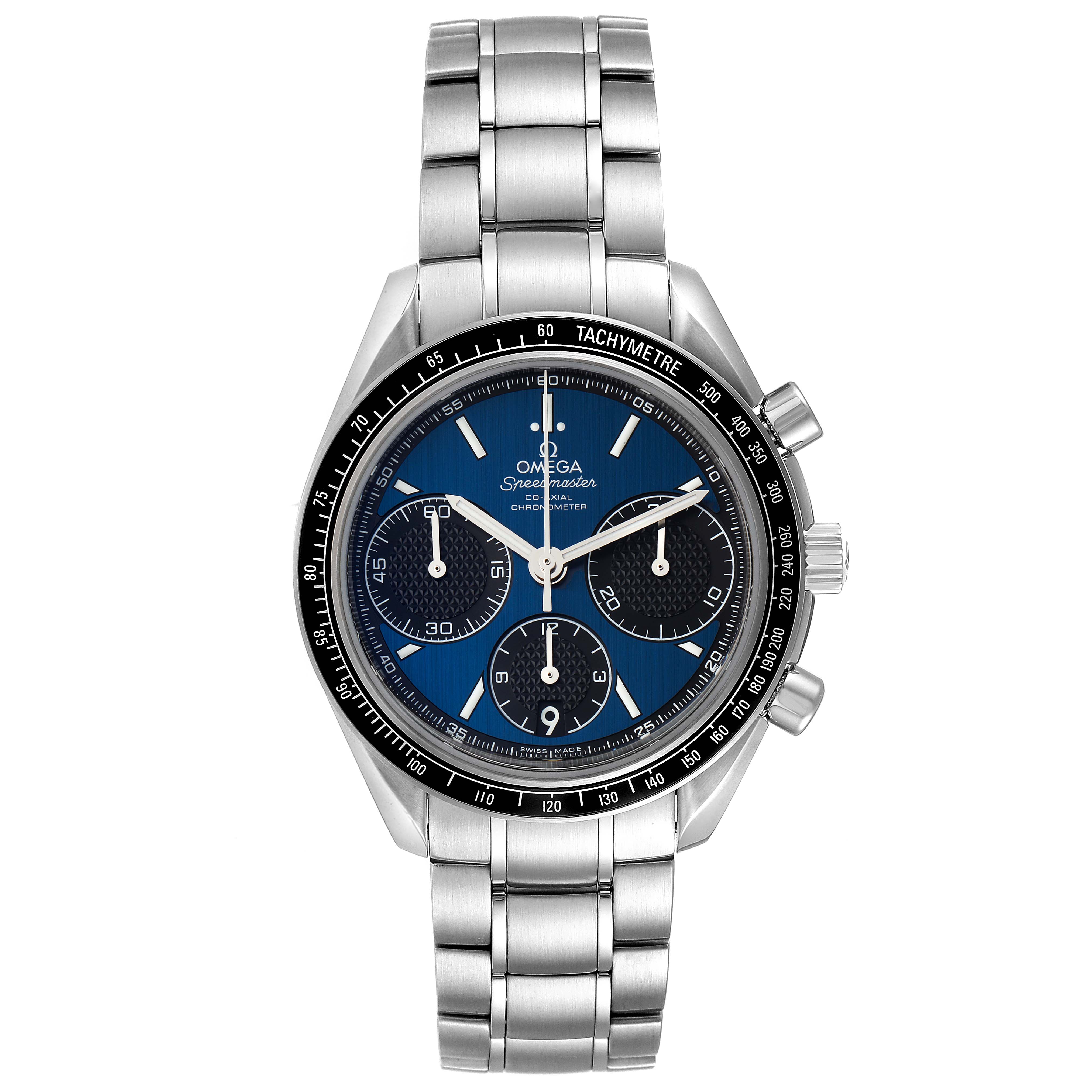 The Omega Speedmaster 326.30.40.50.03.001 Men's Stainless Steel Blue Dial 326.30.40.50.03.001 Men's Stainless Steel Blue Dial watch is shown from the front, displaying its face, hands, sub-dials, and stainless steel bracelet.