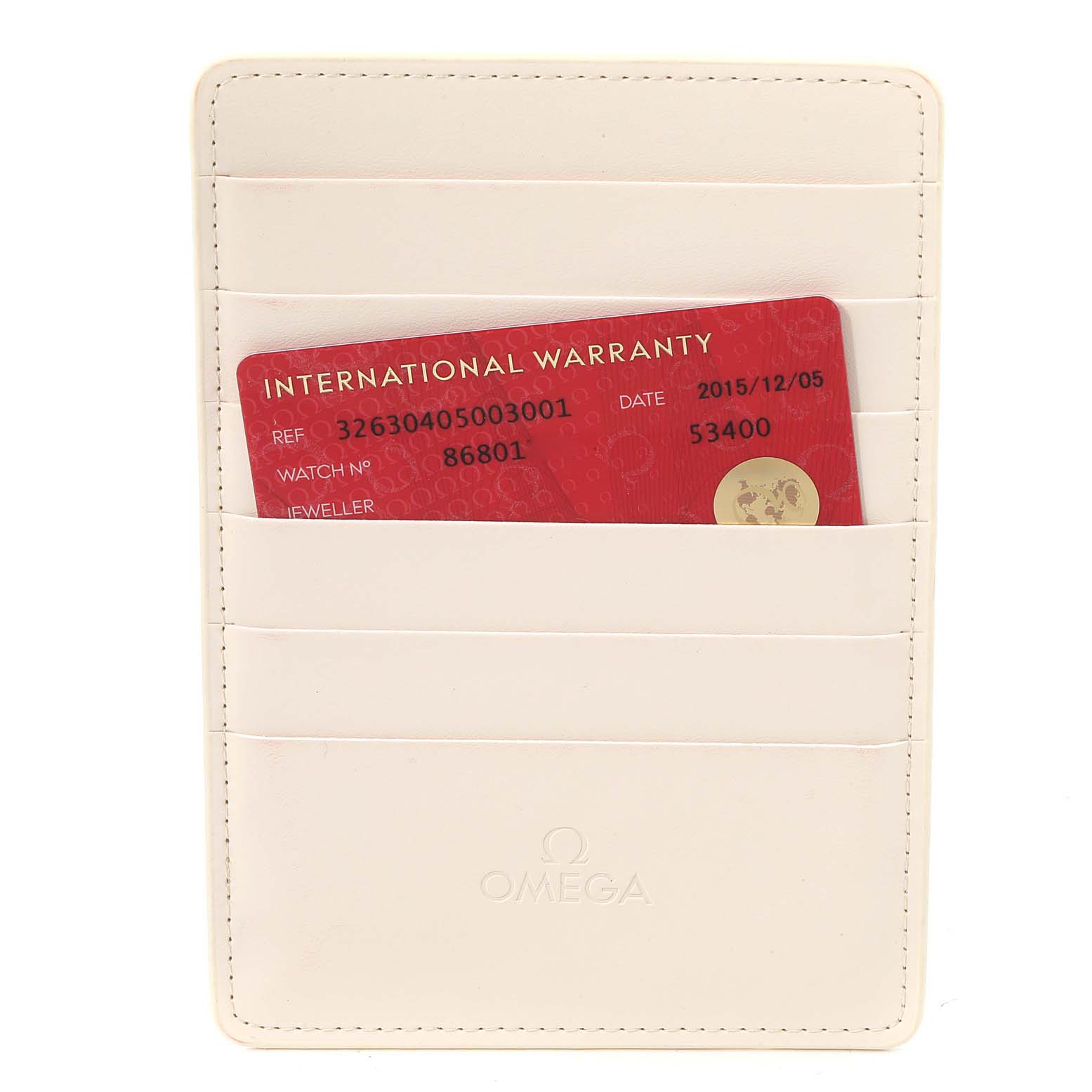 The image shows the international warranty card and cardholder for an Omega Speedmaster 326.30.40.50.03.001 Men's Stainless Steel Blue Dial 326.30.40.50.03.001 Men's Stainless Steel Blue Dial watch, viewed from the front.