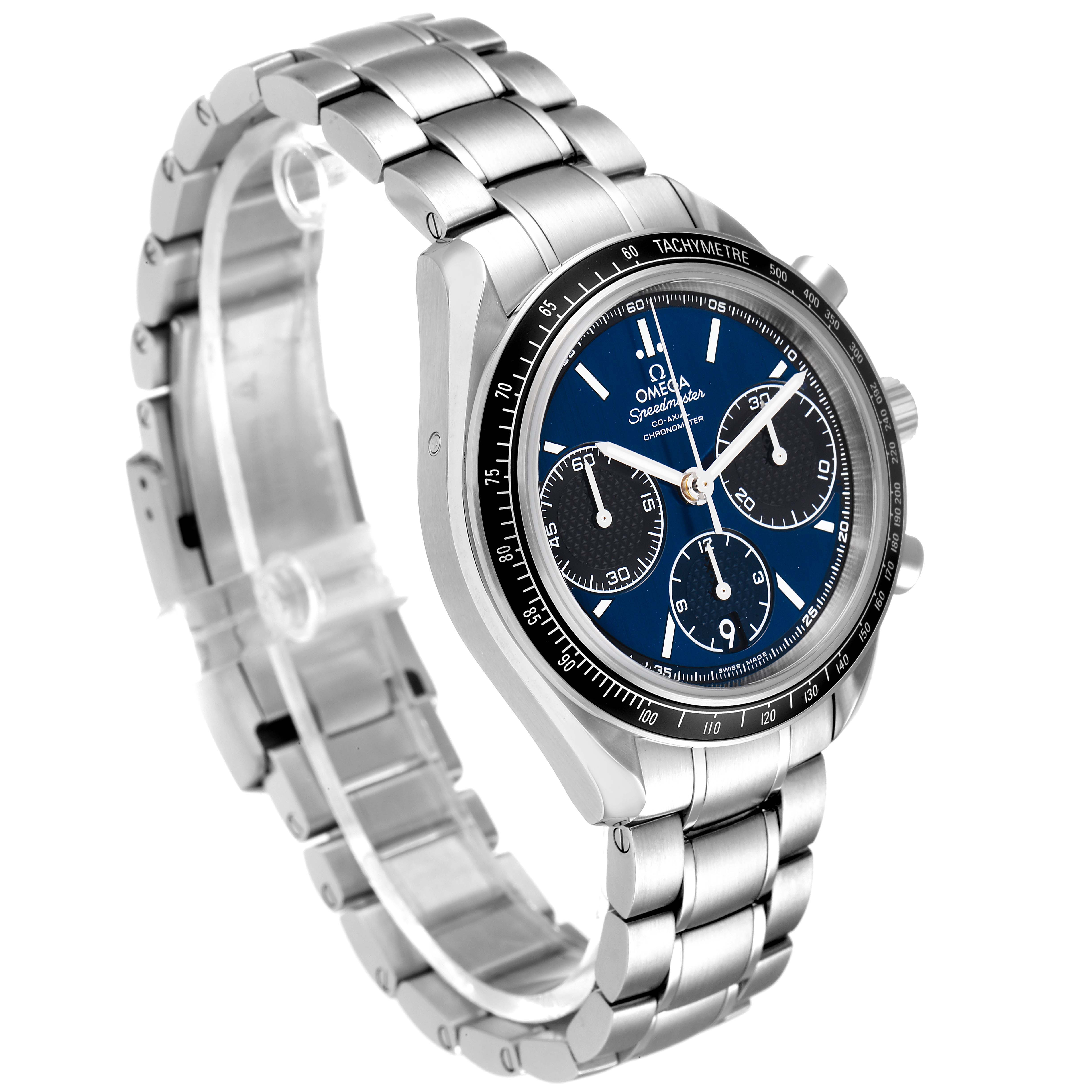 This image shows an Omega Speedmaster 326.30.40.50.03.001 Men's Stainless Steel Blue Dial 326.30.40.50.03.001 Men's Stainless Steel Blue Dial watch from a front-left angle, highlighting its face, bezel, and metallic bracelet.