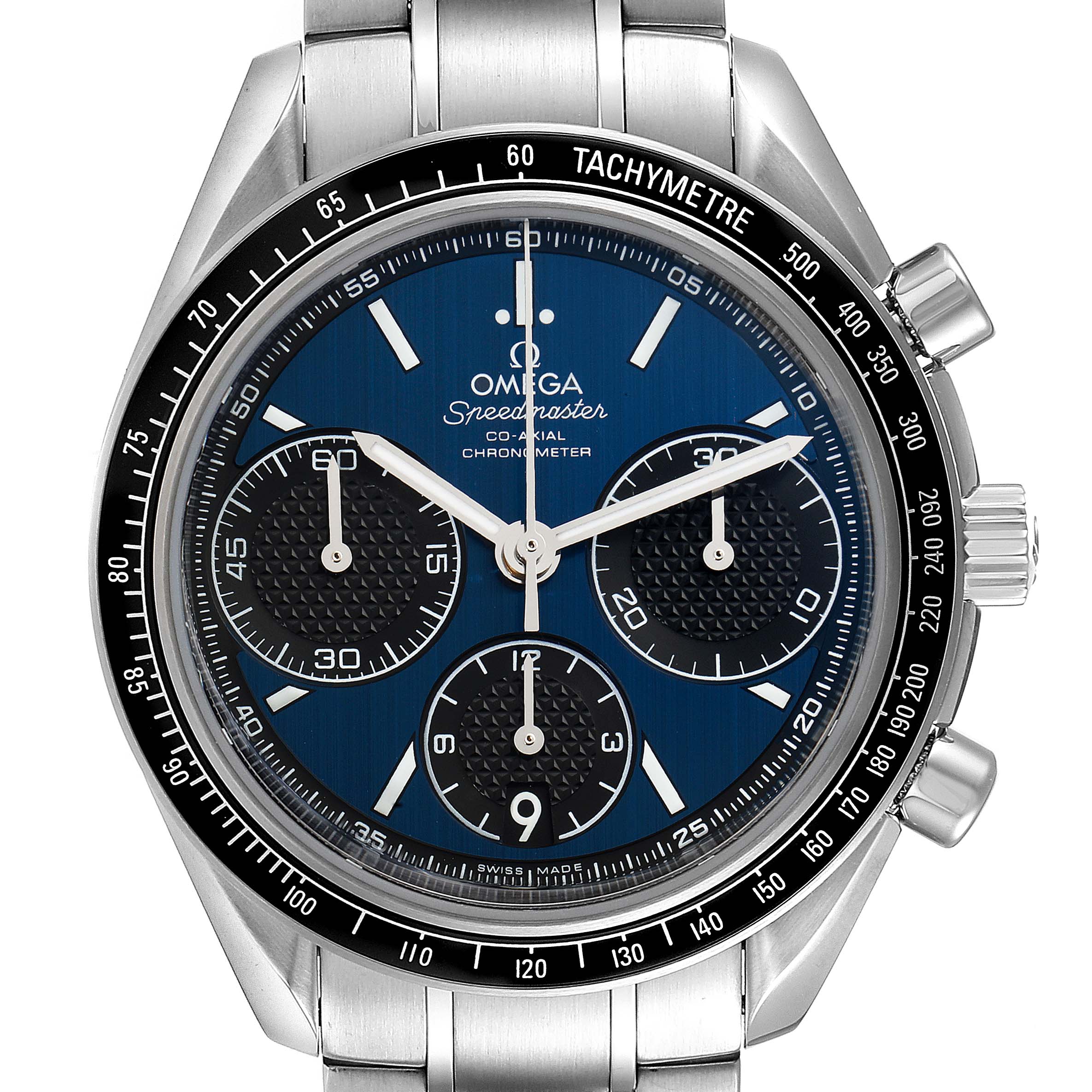 The Omega Speedmaster 326.30.40.50.03.001 Men's Stainless Steel Blue Dial 326.30.40.50.03.001 Men's Stainless Steel Blue Dial model watch is shown from the front, displaying its dial, subdials, bezel, and part of the bracelet.