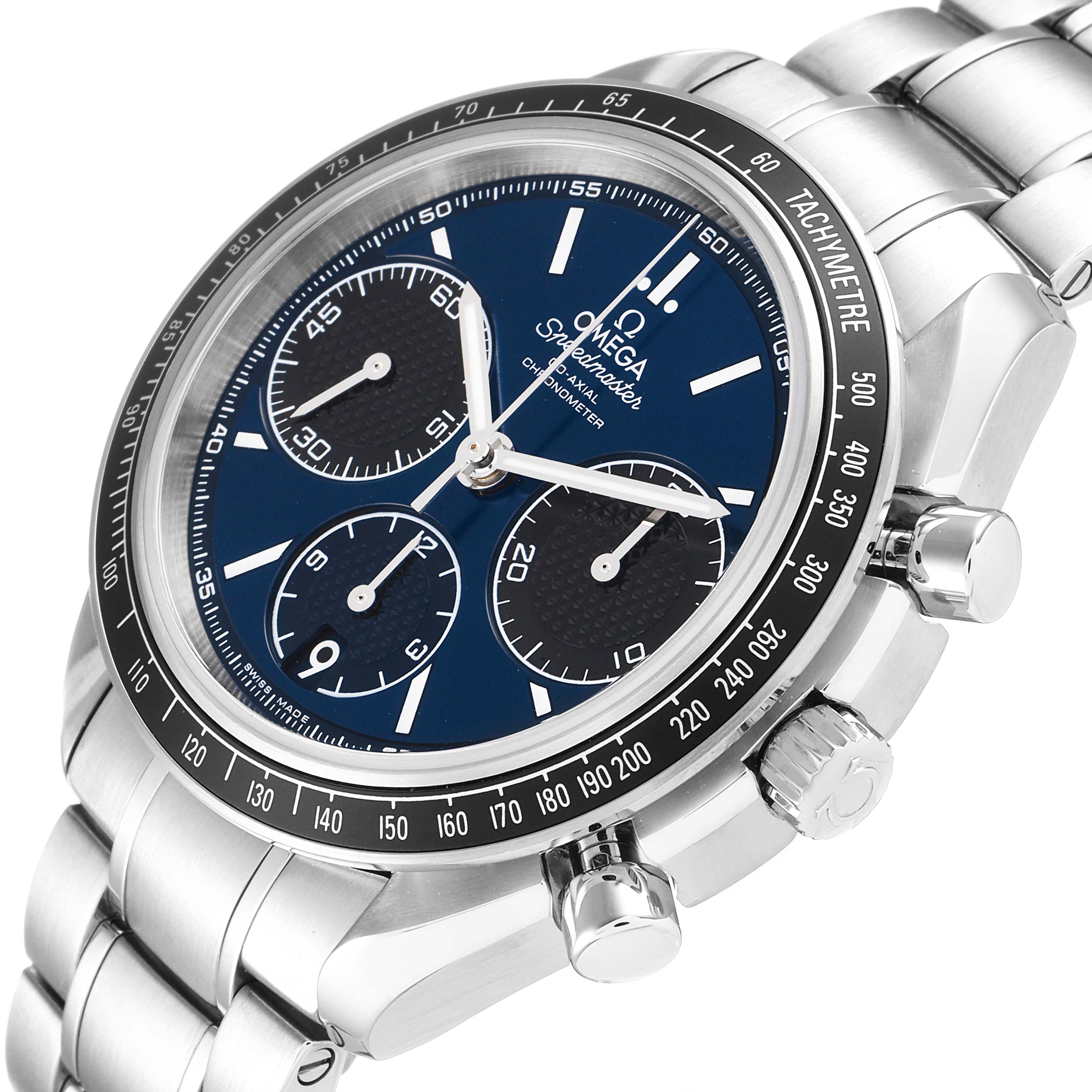 The image shows an Omega Speedmaster 326.30.40.50.03.001 Men's Stainless Steel Blue Dial 326.30.40.50.03.001 Men's Stainless Steel Blue Dial watch at an angled view, highlighting its face, tachymeter bezel, and stainless steel bracelet.