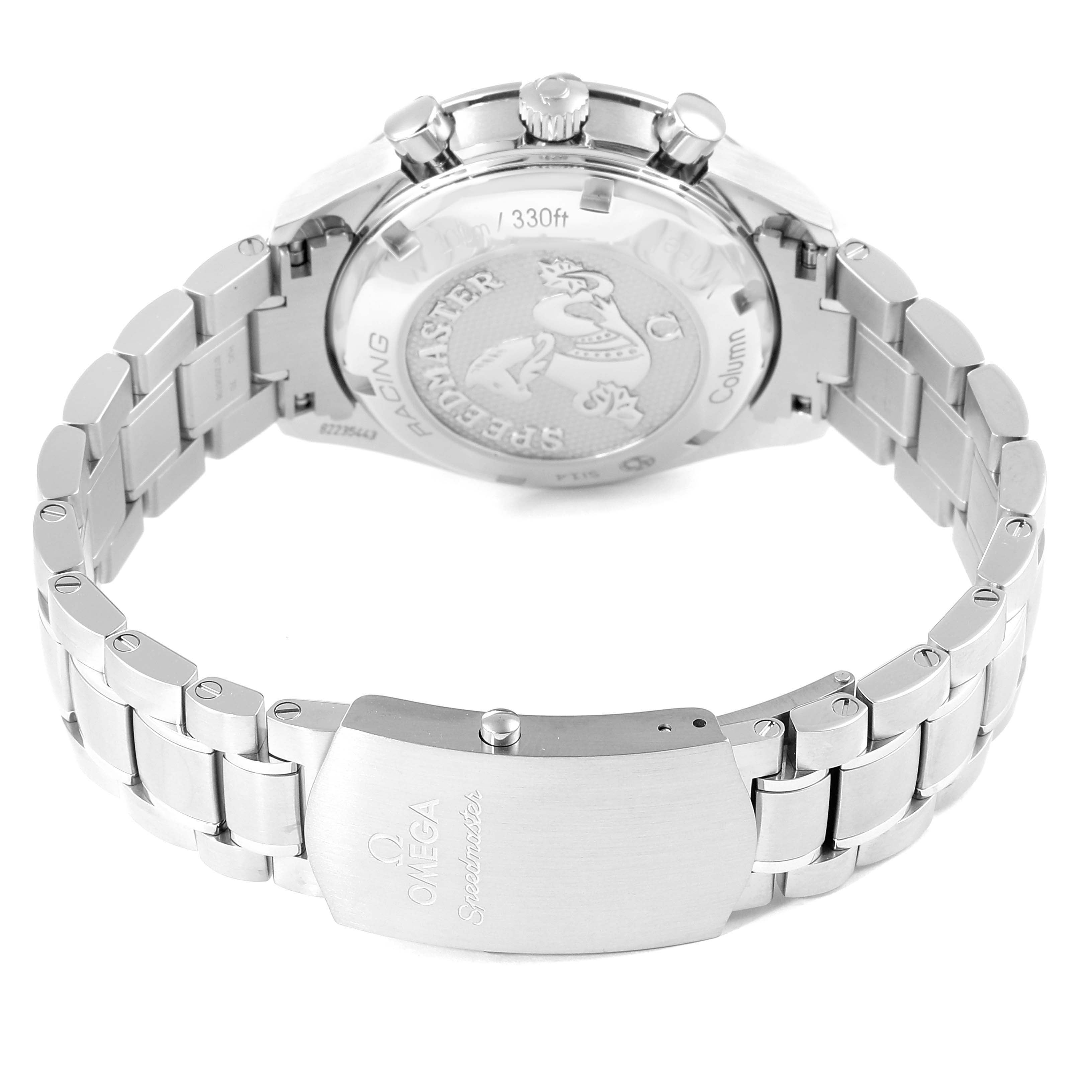 The image shows the back case and bracelet of an Omega Speedmaster 326.30.40.50.03.001 Men's Stainless Steel Blue Dial 326.30.40.50.03.001 Men's Stainless Steel Blue Dial watch from a rear angle.