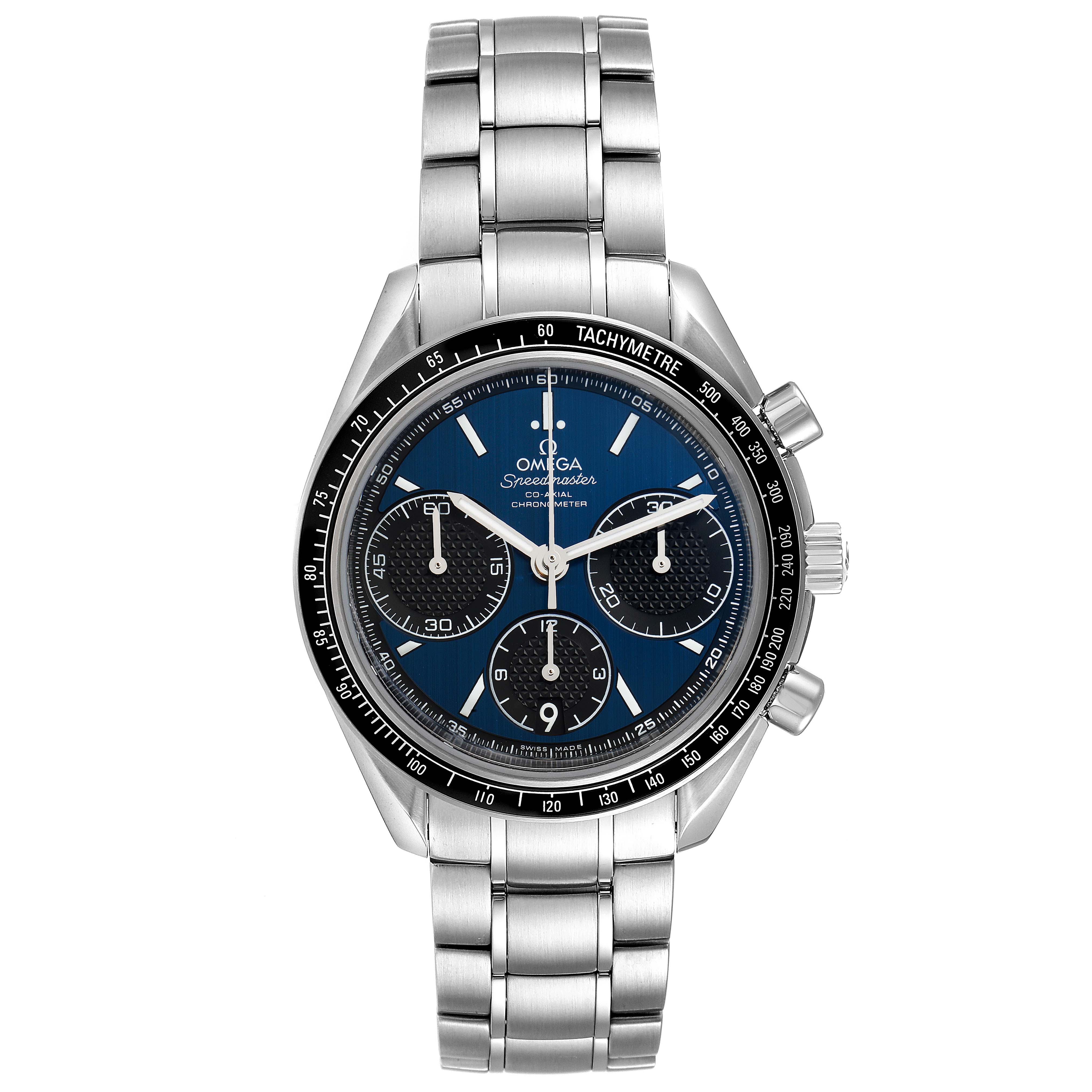 The image shows a front view of an Omega Speedmaster 326.30.40.50.03.001 Men's Stainless Steel Blue Dial 326.30.40.50.03.001 Men's Stainless Steel Blue Dial watch, highlighting its dial, bezel, and stainless steel bracelet.