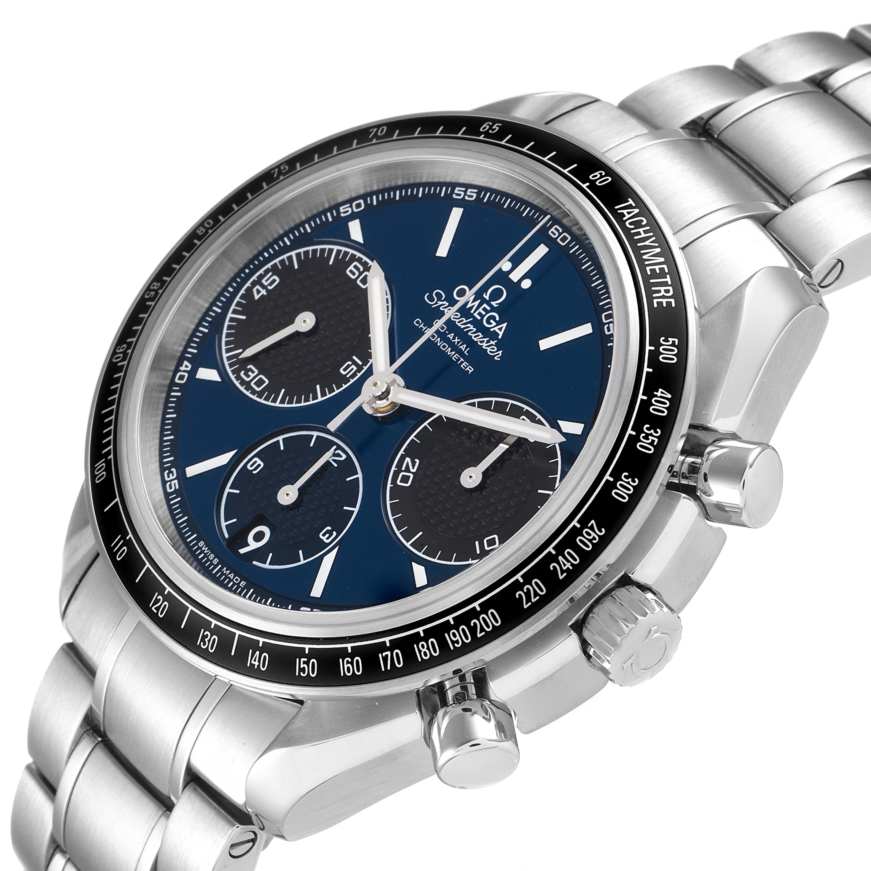 The Omega Speedmaster 326.30.40.50.03.001 Men's Stainless Steel Blue Dial 326.30.40.50.03.001 Men's Stainless Steel Blue Dial watch is shown at a slight left-side angle, highlighting the face, bezel, and part of the bracelet.