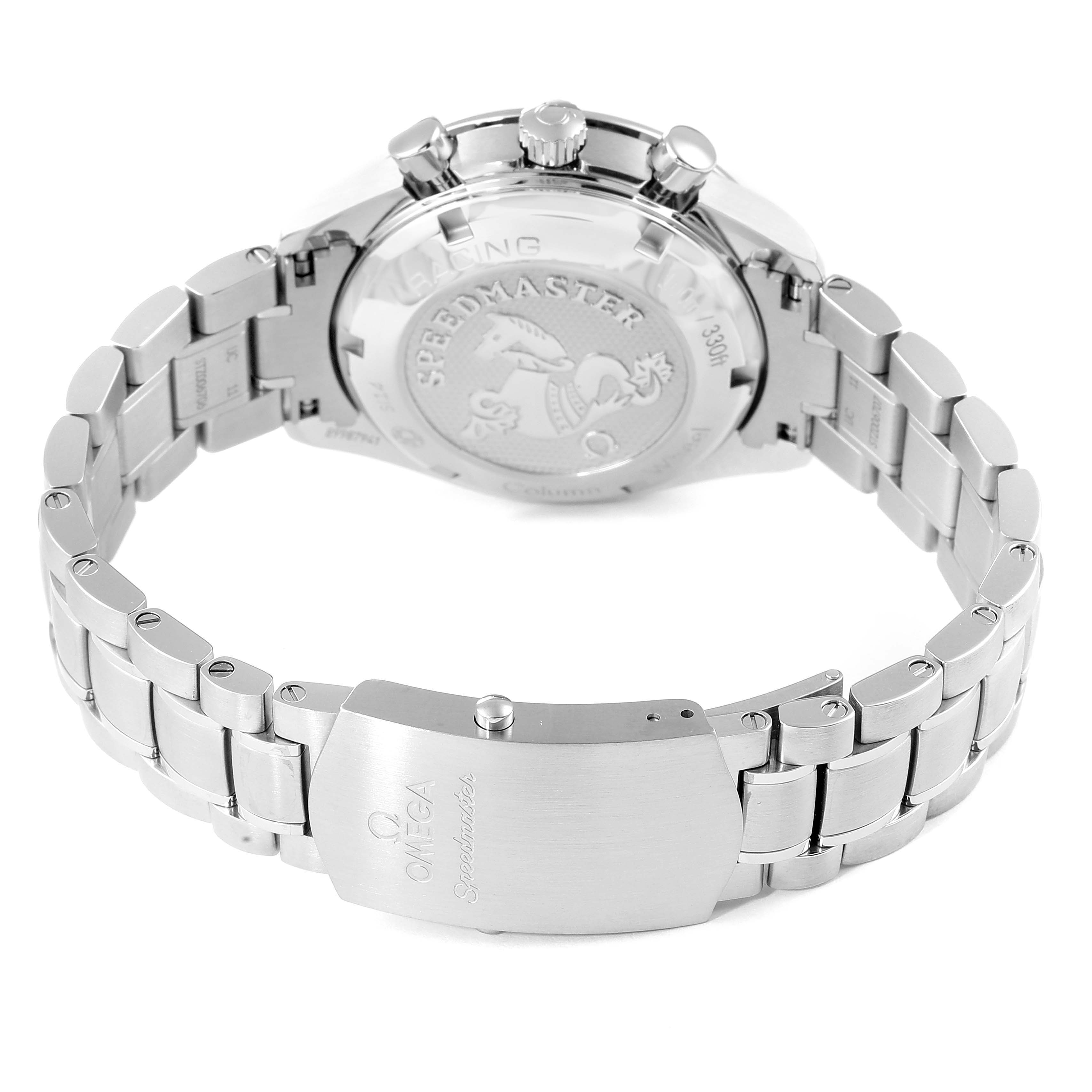 The image shows the back case and bracelet clasp of an Omega Speedmaster 326.30.40.50.03.001 Men's Stainless Steel Blue Dial 326.30.40.50.03.001 Men's Stainless Steel Blue Dial watch, viewed from the rear.