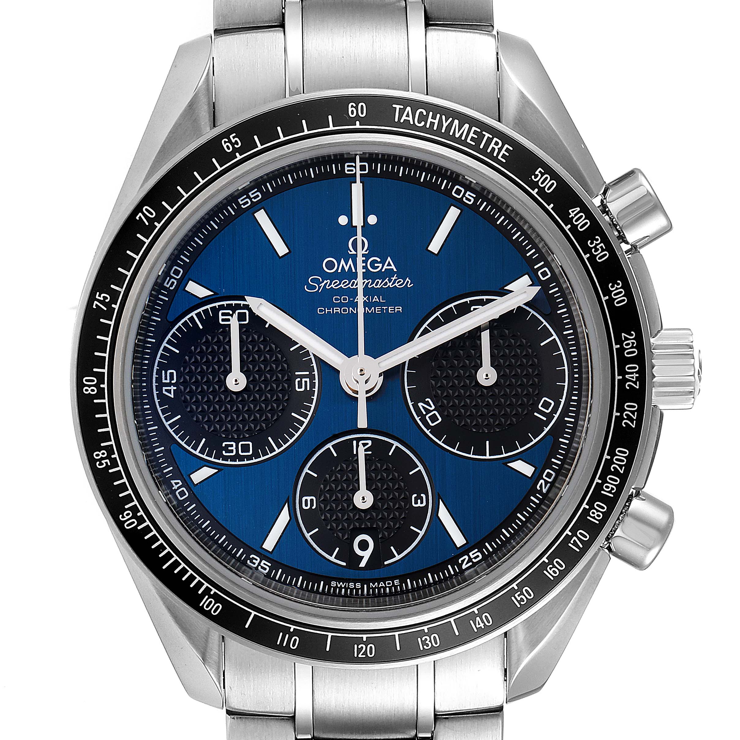 The Omega Speedmaster 326.30.40.50.03.001 Men's Stainless Steel Blue Dial 326.30.40.50.03.001 Men's Stainless Steel Blue Dial watch is shown from a front angle, displaying the dial, sub-dials, tachymeter, and part of the metal bracelet.