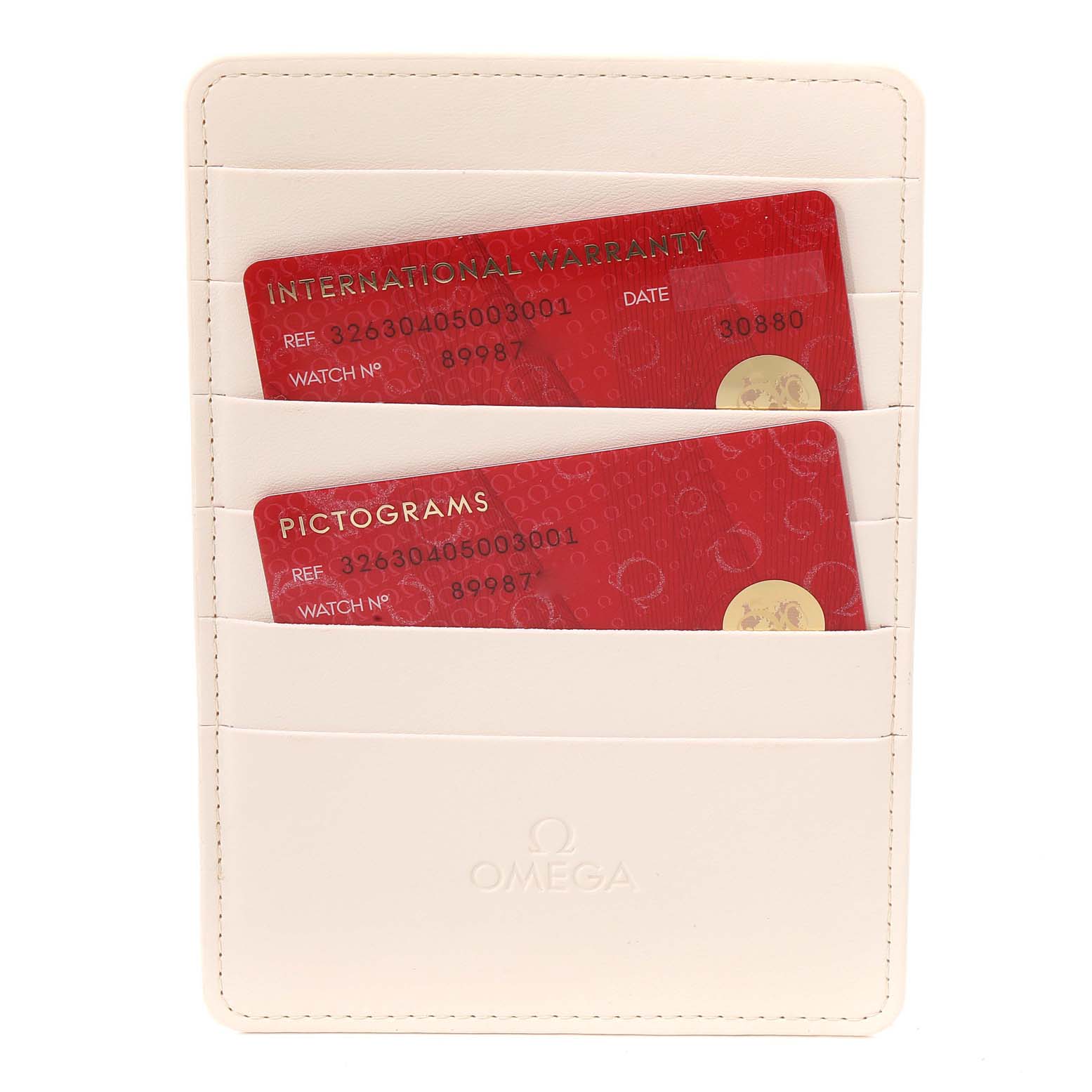 This image shows International Warranty and Pictograms cards in a white Omega wallet for the Speedmaster model.