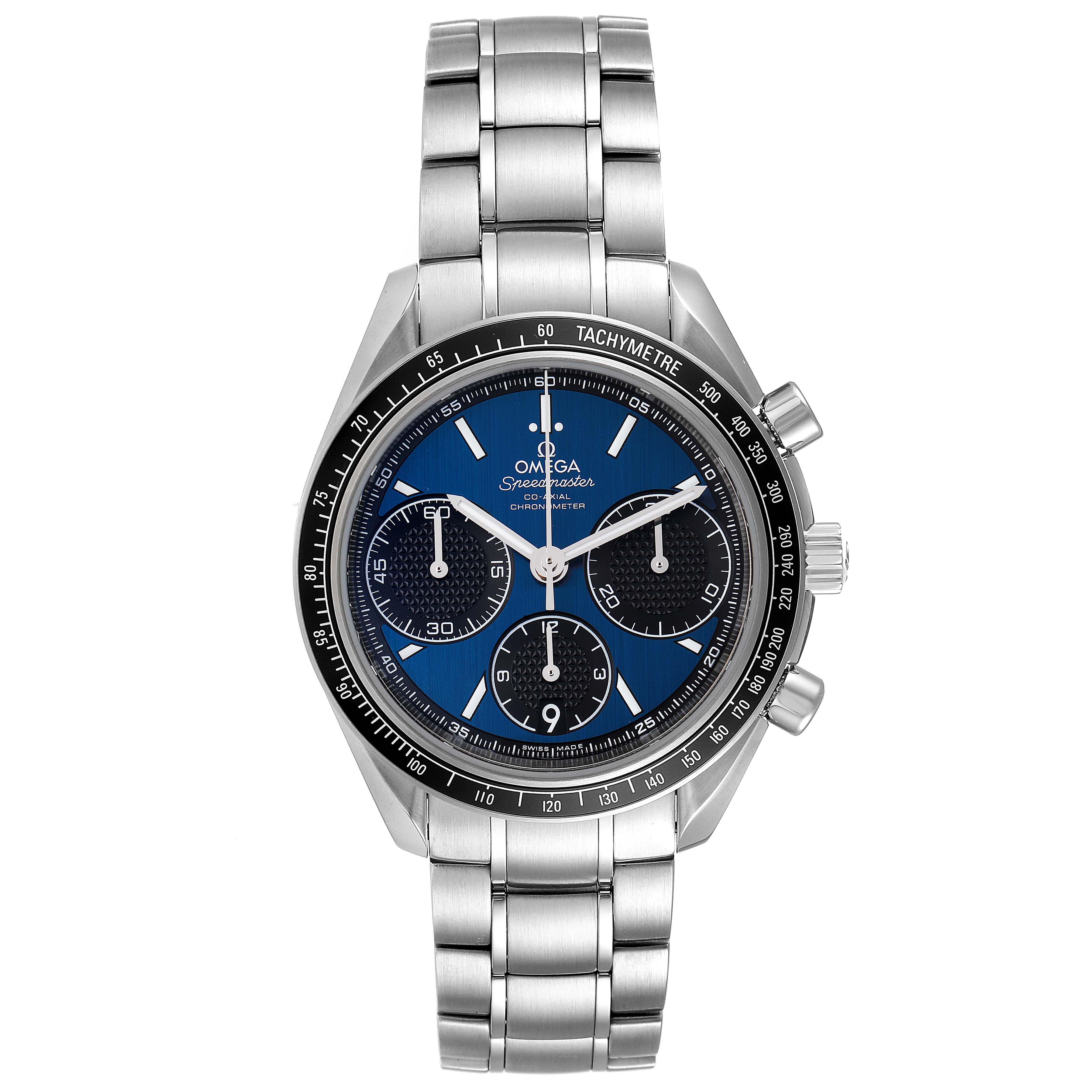 The image shows a front view of the Omega Speedmaster 326.30.40.50.03.001 Men's Stainless Steel Blue Dial 326.30.40.50.03.001 Men's Stainless Steel Blue Dial watch, featuring its face, bezel, bracelet, and pushers.