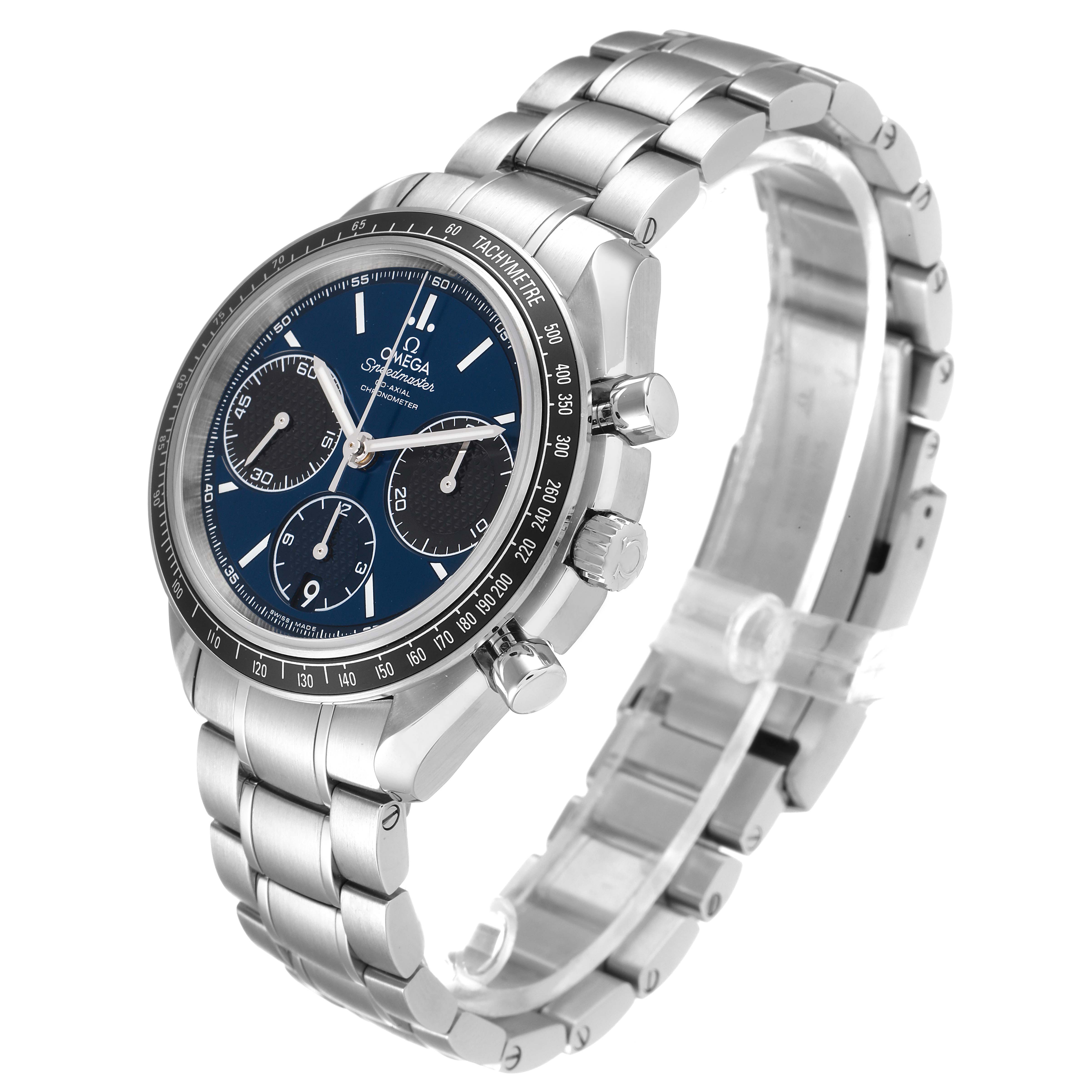 The Omega Speedmaster 326.30.40.50.03.001 Men's Stainless Steel Blue Dial 326.30.40.50.03.001 Men's Stainless Steel Blue Dial watch is shown at an angle displaying the face, bezel, crown, pushers, and stainless steel bracelet.