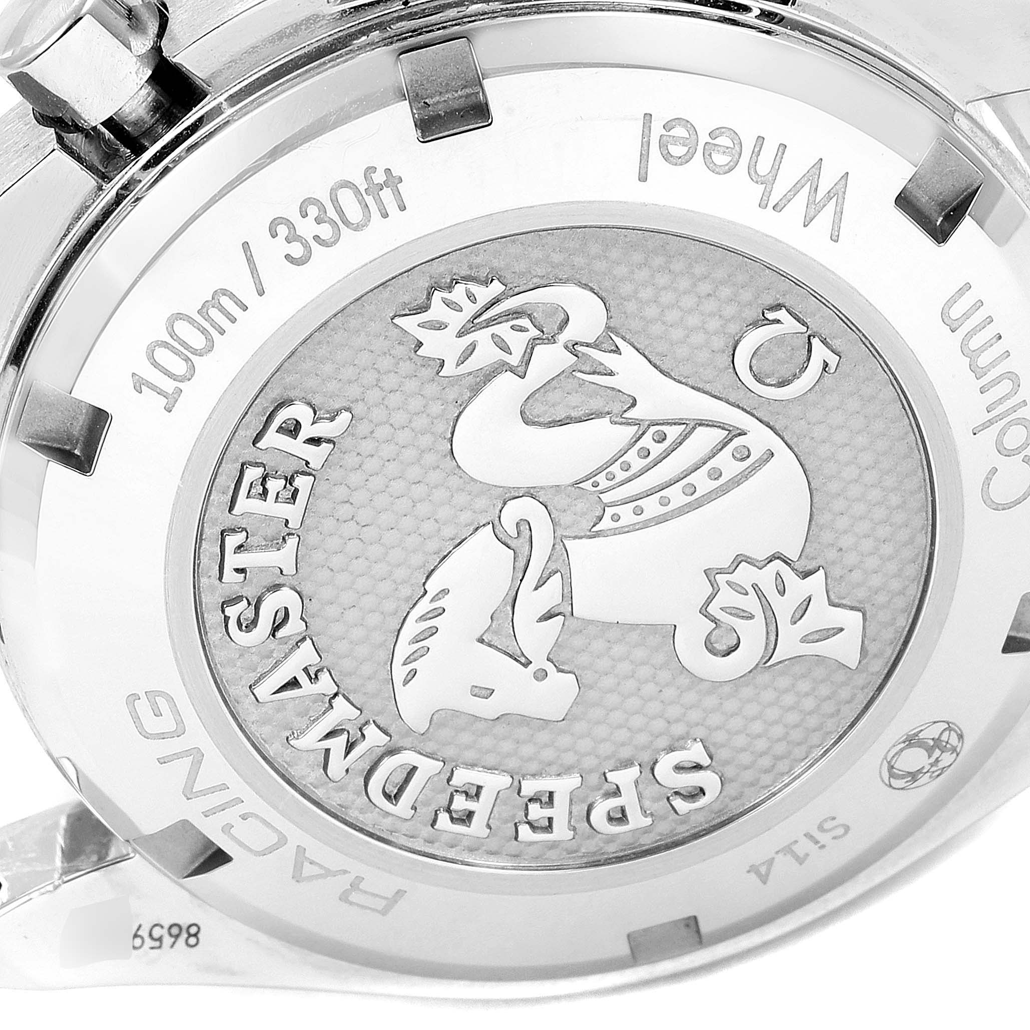 The image shows the detailed back case of an Omega Speedmaster 326.32.40.50.11.001 Men's Stainless Steel Red Dial 326.32.40.50.11.001 Men's Stainless Steel Red Dial watch, highlighting its water resistance and design engravings.