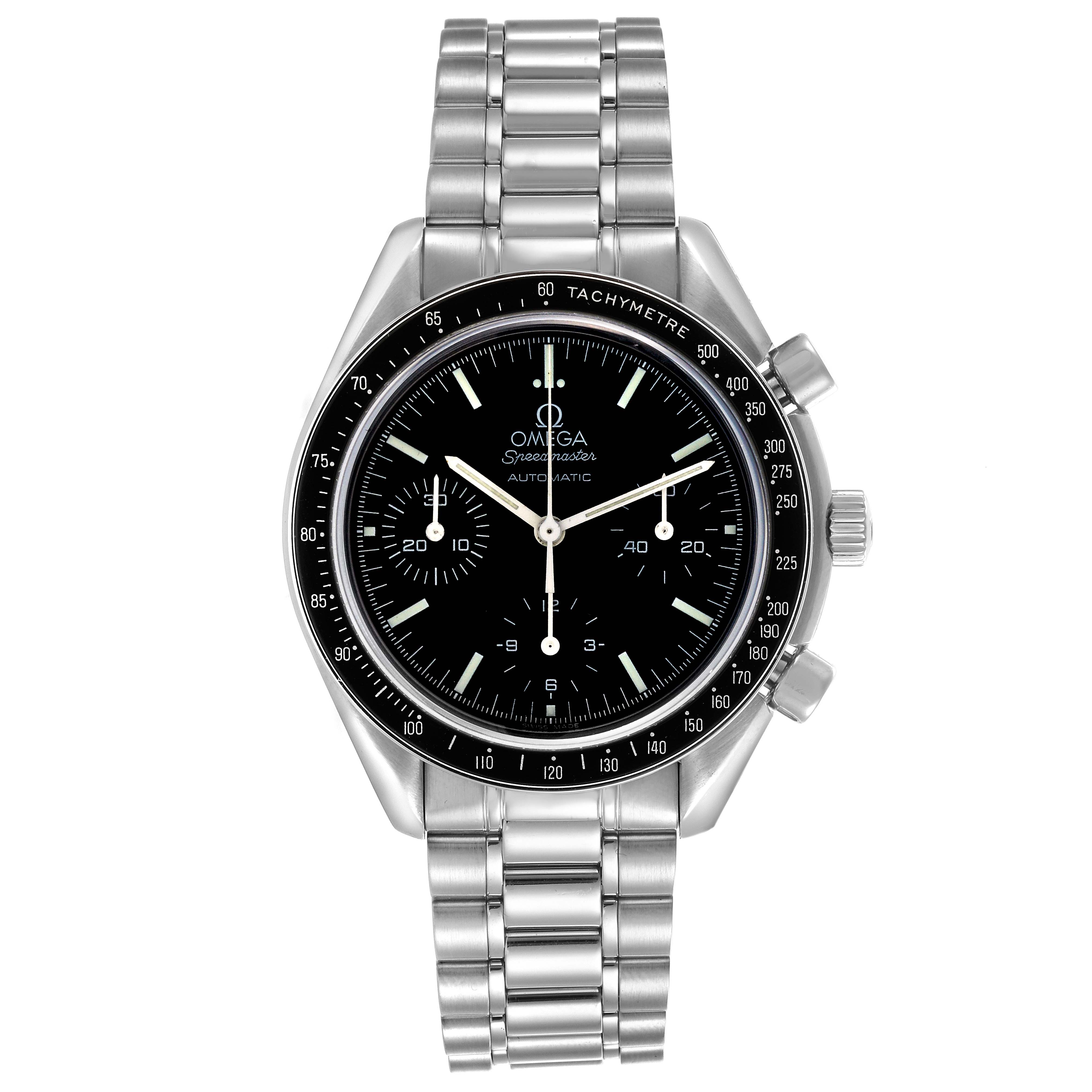 The Omega Speedmaster 3539.50.00 Men
s Stainless Steel Black Dial 3539.50.00 Men
s Stainless Steel Black Dial watch is shown from a front angle, displaying the dial, tachymetric bezel, and stainless steel bracelet.